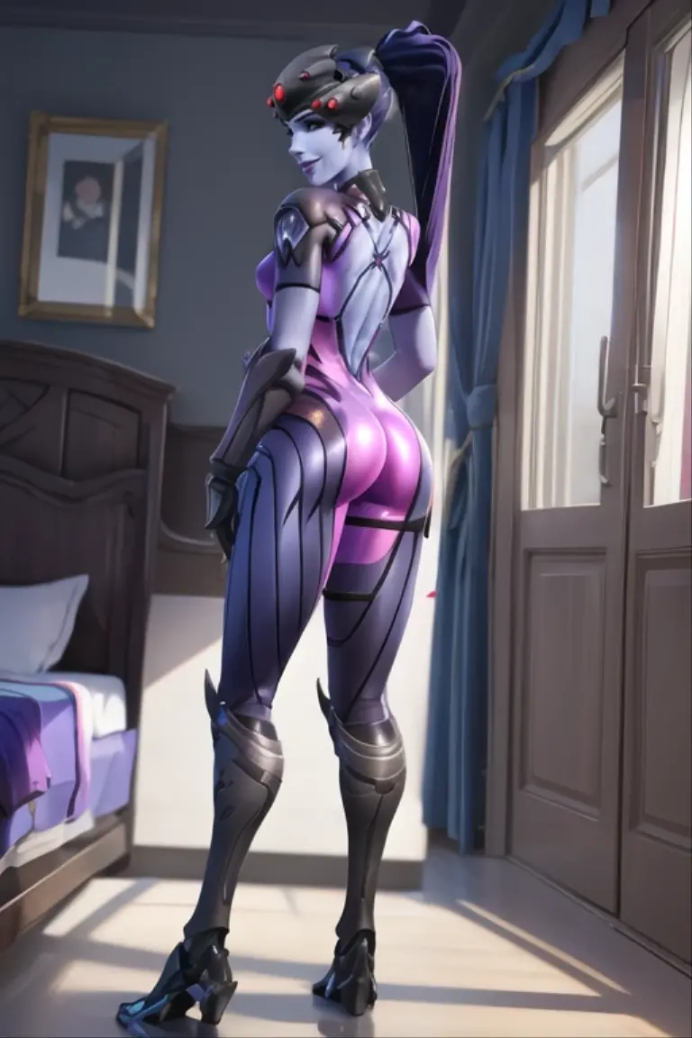 Teathekook (style), ((masterpiece)), ((8k quality)), (no watermark), stolas, male, detailed bedroom, standing, seductive pose, (solo:1.4), sleek, shiny slime body, long tail feathers, shiny, slick, goo, gooey, butt, ass, butt grab