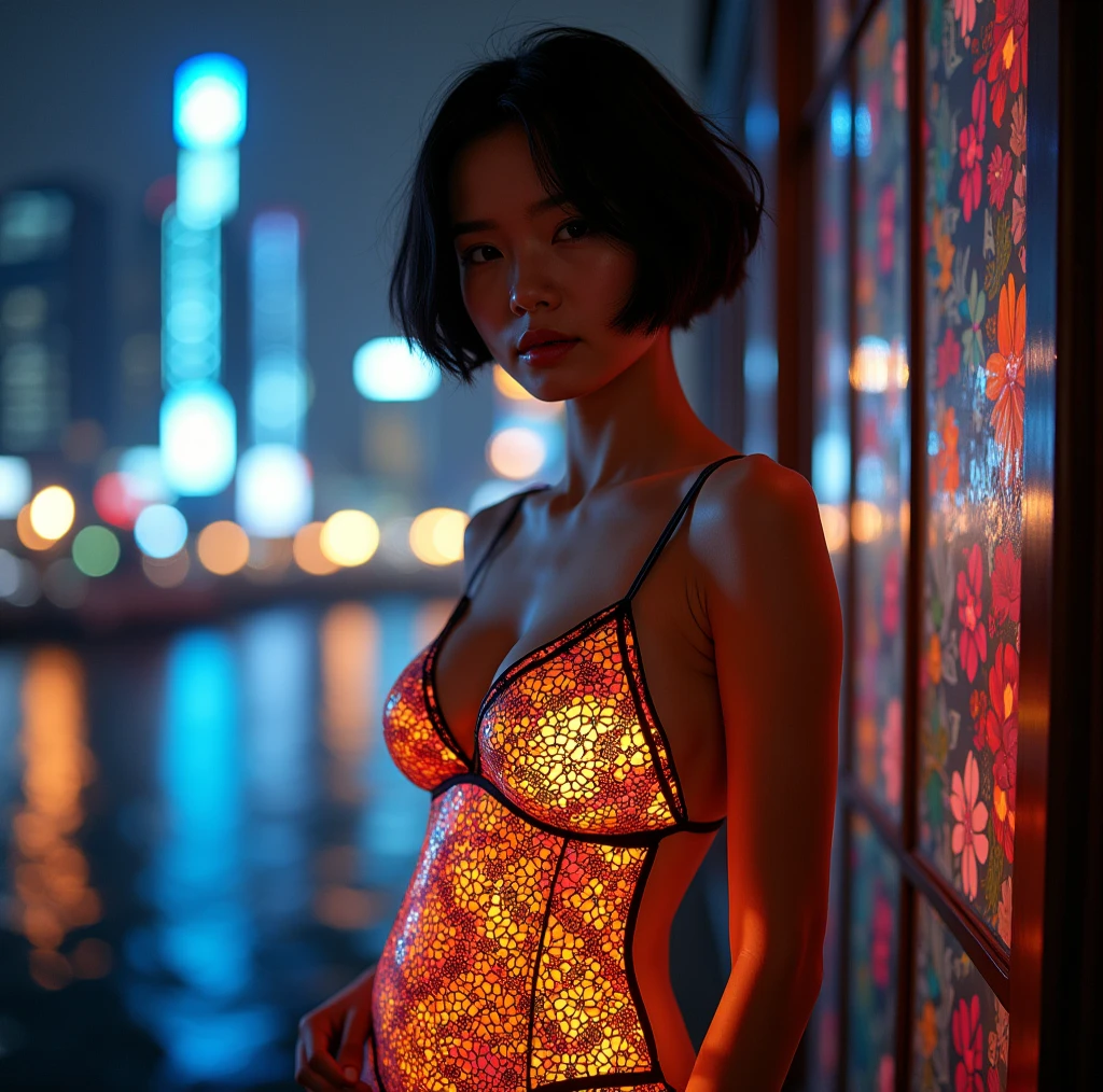 (masterpiece, Highest quality), 8k,(((Very detailed))), Race:1.8, Super intricate Race pattern, colorful Race pattern, Purple and blue stained glass transparent body, Mandala,light up, 1 female, Open Back, 18 years old、Japanese, beautiful girl, Intelligent face, Photo of Lee Jae, sultry body with セクシー belly, Sexy girl, Young sensual elegance, Sexy body, delicious, Sexy look, Very Short Hair、Night viewのきれいな港で撮影、Night view、 Intelligent face、Narrow waist、Large Breasts、Open your mouth a little、Smile a little、EOS 50mm F2, Blur the background、Lighting the face、Sitting、Beautiful breasts、See-through underwear、Dynamic pose、Curvy Body、Beautiful ass、Looking at the sky、Thigh、
