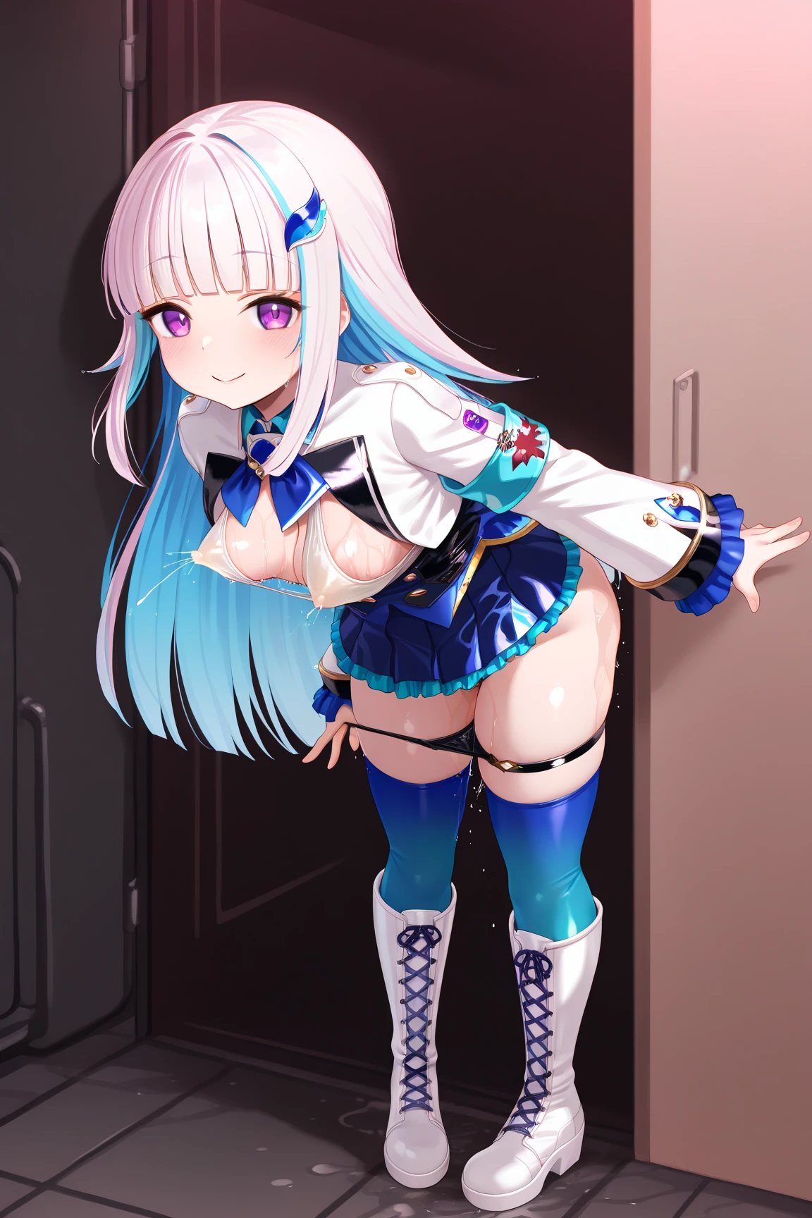 gameroomconcept,(((Liz Hellesta))),((v tuber)),((Game Now Streaming)),((White Delivery Room)),(Liz Hellesta髪),((Dressed seriously)),(((Do not expose breasts))),masterpiece, Highest quality ,(1 beautiful woman), Liz Hell,cameltoe,(Straight gray straight hair,((Bangs)),((Beautiful Japanese woman face)),Thin face,((Thin cheeks)),Beautiful woman face,Precise depiction,Excellent costume design, (Small breasts), Slender upper body,(8k Full Body RAW Photo), (Highly detailed skin: 1.2), ((Oily skin)),smile, Highly detailed face, ((Grey Hair)),fine grain, (((Sweaty body))), (((Oily skin))),Inside the room,1 Girl,Open your mouth,(((Open your eyes))),(((View your viewers))),Look this way,(((Open your eyes))),(((Open your eyes))),(Large pelvis),(Wide Hips),(((Very muscular and thick thighs Veins,))),(((Abnormally thick thighs))),Thigh gap,(((Shiny thighs))).(((Narrow waist))),(((Very thin waist))),(Realistic:1.0),Front view,1girl,lh1, (((White panties))),(((cameltoe))),Hair Ornament Net、Long Hair、Long sleeve、((Blue thigh-high socks in silk fabric))、((Armband))、Blue pleated mini skirt、((White jacket, cotton material))、(tight white shirt)、Blue Skirt、((Metallic black thigh straps)),(((Front view))),View your viewers,((Open your mouth)),Showing teeth,Constricted eyes,(((blush,shame))),(((Puzzled expression))),(Panties are wet),