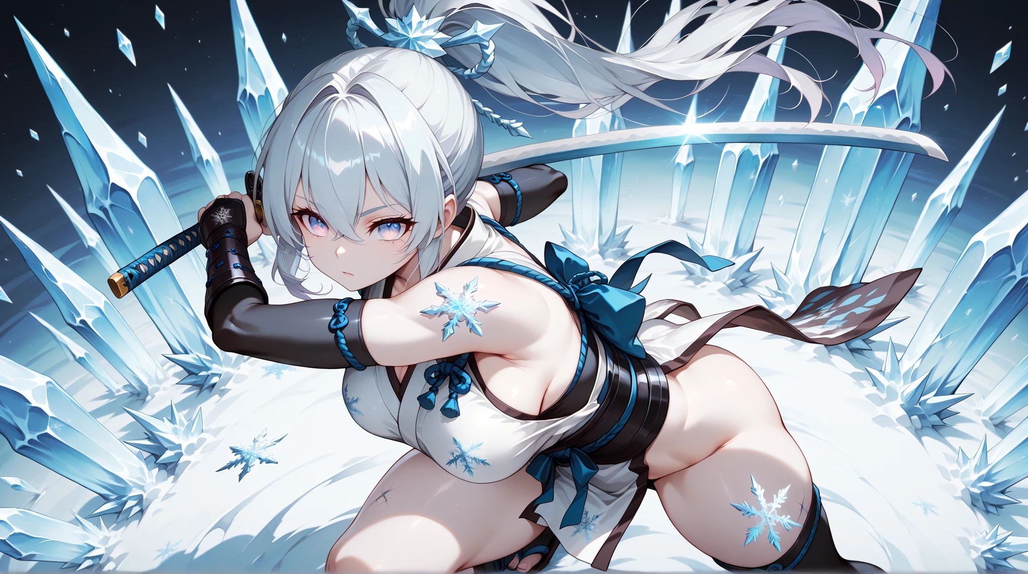(masterpiece),(Highest quality),(Super detailed),(Best illustrations),(so beautiful), so beautiful長い脚, Thighs, Silver Hair, Red eyes, Very long hair, High Ponytail, blue dress, china dress, Side slits,  holding weapon, huge_sword, duel, 