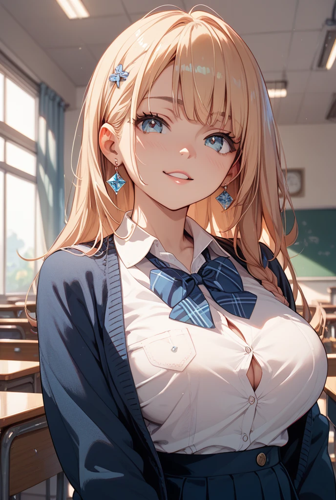 (masterpiece:1.2, highest quality), (Realistic, photoRealistic:1.4), Beautiful illustrations, (Natural Side Lighting, Cinema Lighting), Browsing Caution,
View your viewers, Cowboy Shot, Front view:0.6, 1 girl, Japanese, high School girl, Perfect Face, Cute and symmetrical face, Shiny skin,
(Long Hair:1.8, Straight hair:1.7, Blonde), Asymmetrical bangs, Purple eyes, (big breasts:1.1, Thick thighs),
Beautiful Hair, Beautiful Face, Beautiful fine details, Beautiful clavicle, Beautiful body, Beautiful breasts, Beautiful thighs, Beautiful feet, Beautiful fingers,
((Light blue collared shirt, Navy Pleated Mini Skirt, socks, Navy them, Light brown cardigan)), Pink Panties,
(Beautiful views), evening, School, classroom, curtain, (squat, squat, Place your hand on your chest), (Cute smile, Upward glance),