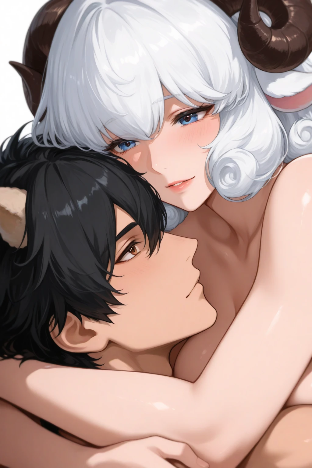 score_9,score_8_up,score_7_up, source_cartoon, kemono style, toriel, red eyes, tall and curvy, naked, wearing only black thigh high socks, size difference, she is lying on her back, on a bed, sex, she is getting fuxked by faceless human male with brown hair covering his eyes, missionary position sex, human male on top, she is embracing him, they are sweating, male is burying his face in her breasts, she is wrapping her legs around his waist