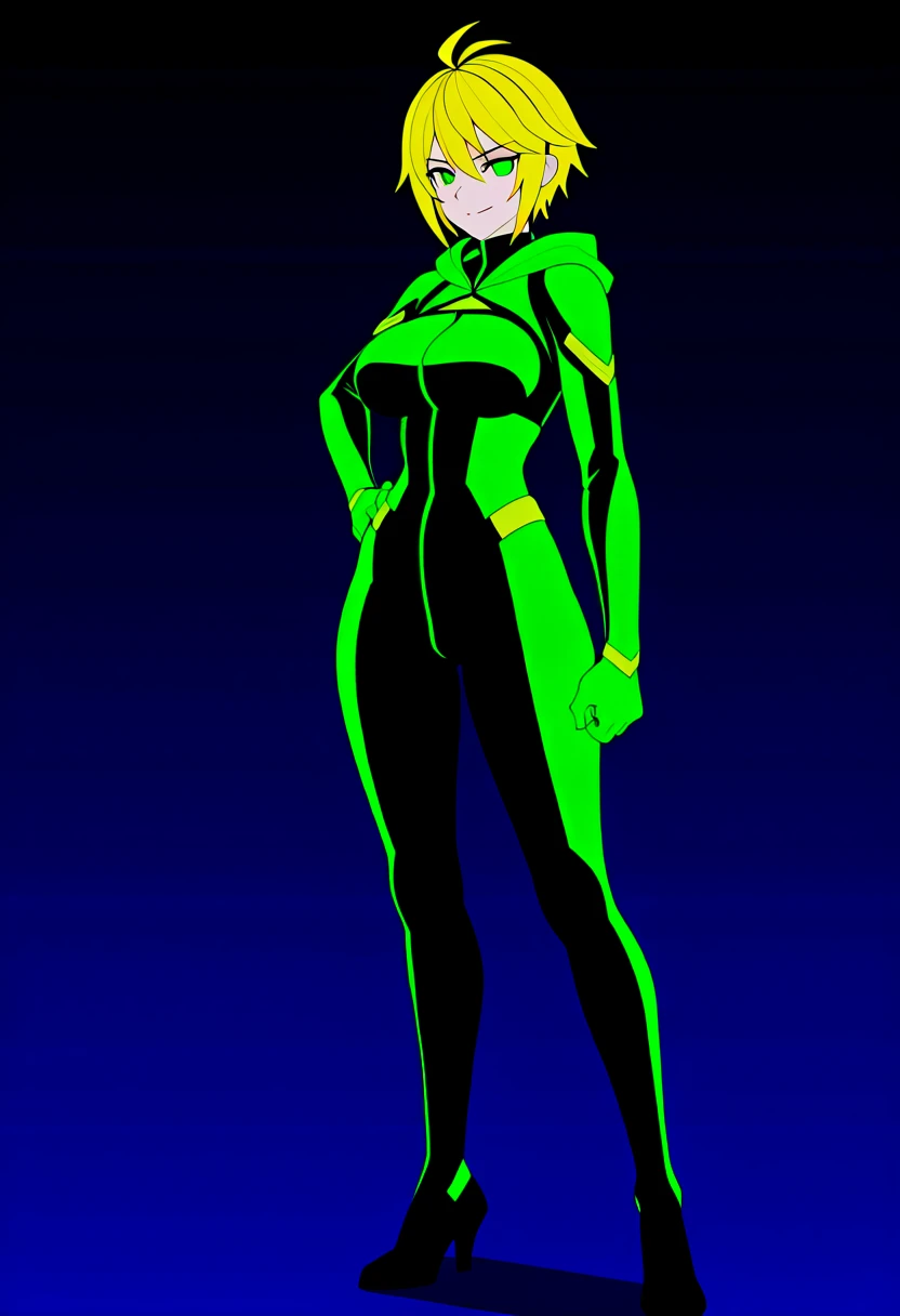 ((full bodyesbian)), (Simple background), ((High resolution)), (simple background), (white backgrounid:1.3), 1girl, muscular frame with thick, skin with glowing circuits in green or red, red or green but glowing eyes, multicolored hair, hair over one eye, dress futuristic dress and pantyhose, stands in a challenging pose, hands on hips, exuding a terrifying yet captivating presence, with a full-body representation.