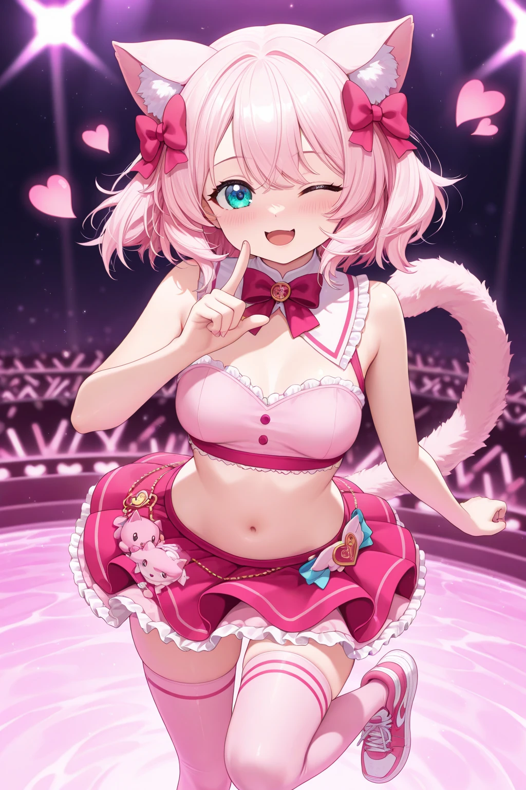 A pink-haired，dual horsetail，slip bra，Cute loli，cat ear，short detailed hair，white legwear，The reveal panties，Exposing bra，Reveal tender belly，Poor milk，
