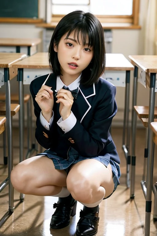 Fascinating anime, [ 4K Digital Art ]!!,Hyperrealistic painting, Art with attention to detail, 8K high quality, detailed art,Curvy Tanned Gal,(puppet,Thick lips:1.2),Dress shirt,cardigan,,Side details,Pleated skirt,Brown Loafers,Blonde Short Hair,(Dark Skip:1.3),loose socks,Sweaty,close,Squatting on a desk,In the classroom,(Blushed),、((Spread your legs、Panties in full view))