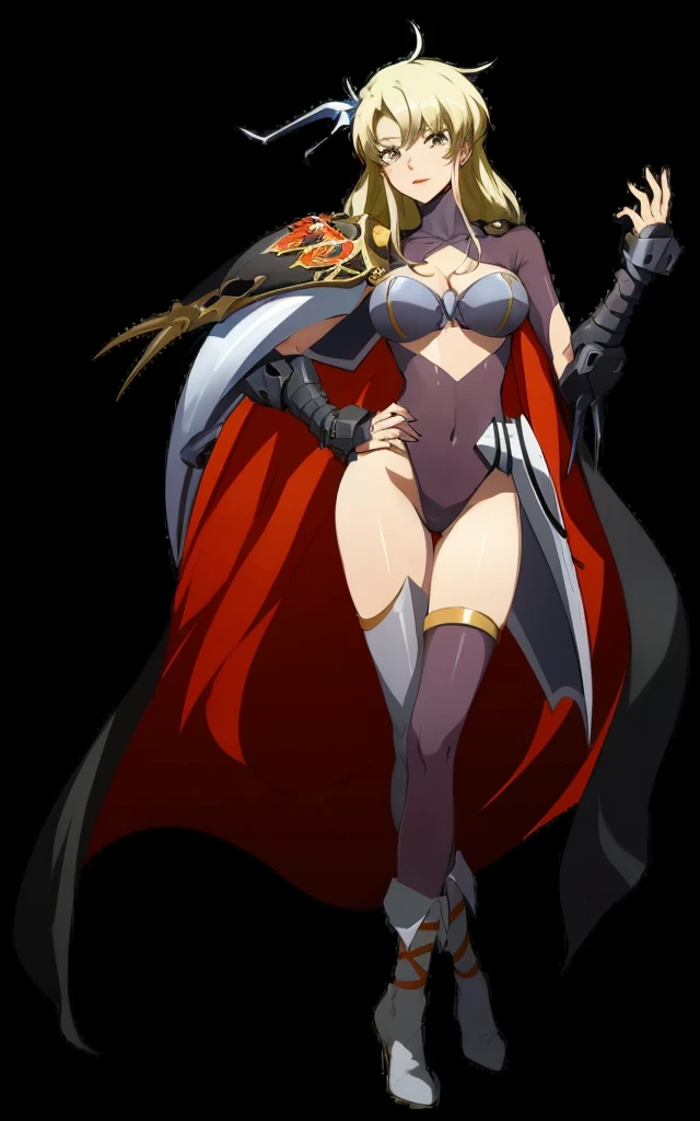 High quality, long red hair, gigantic breasts (J size), Samurai woman, black bikini armor, metal boots, metal gloves, alone woman, full body. cape. katana. Large breasts. Big breasts. Super breasts. Ponytail