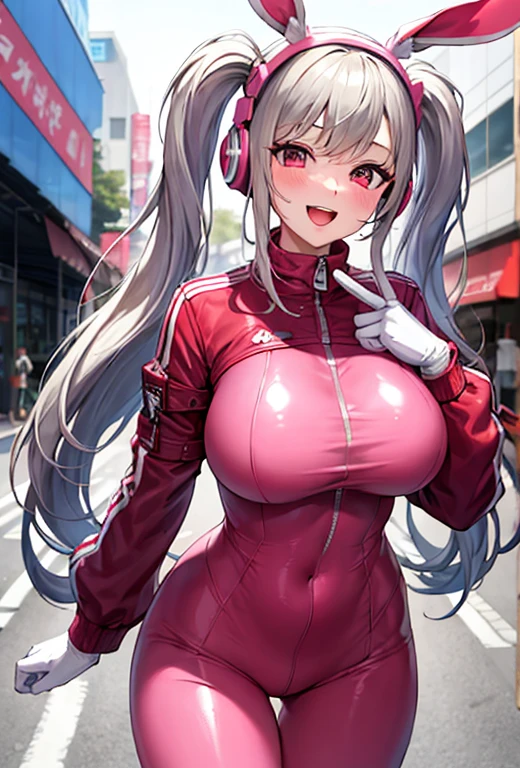 One girl, Animal ears, bangs, blush, Bodysuits, chest, Mouth closed, fake Animal ears, gloves, Headphones, headset, Horse&#39;s ears, Impossible clothes, Jacket, Big tits Long hair, Long sleeve, View your viewers, pink Bodysuits, Pink Eyes, Simple Background, Fits perfectly to the skin, smile, alone, Twin tails, Upper Body, Very long hair, White Background, white gloves, Gray Hair,Alice \(Nod\),(masterpiece:1.4),(Highest quality:1.4),(Shiny skin),Realistic
