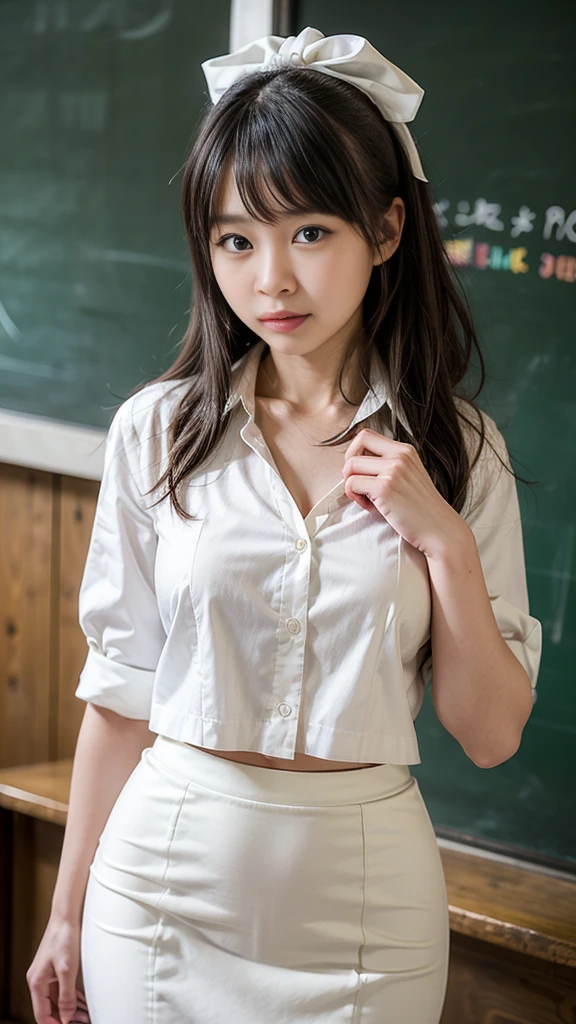 Beautiful girl with I-cup breasts, wearing a white shirt and black A-line miniskirt, standing in a sexy pose, in a classroom, with a lecture table, a whiteboard, a sliding glass window, and sunlight streaming into the glass.  ,There is bokeh reflected in the window.
