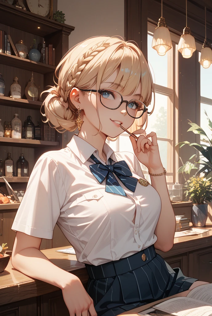 Anime girl with glasses holding a cup of coffee and a book - SeaArt AI