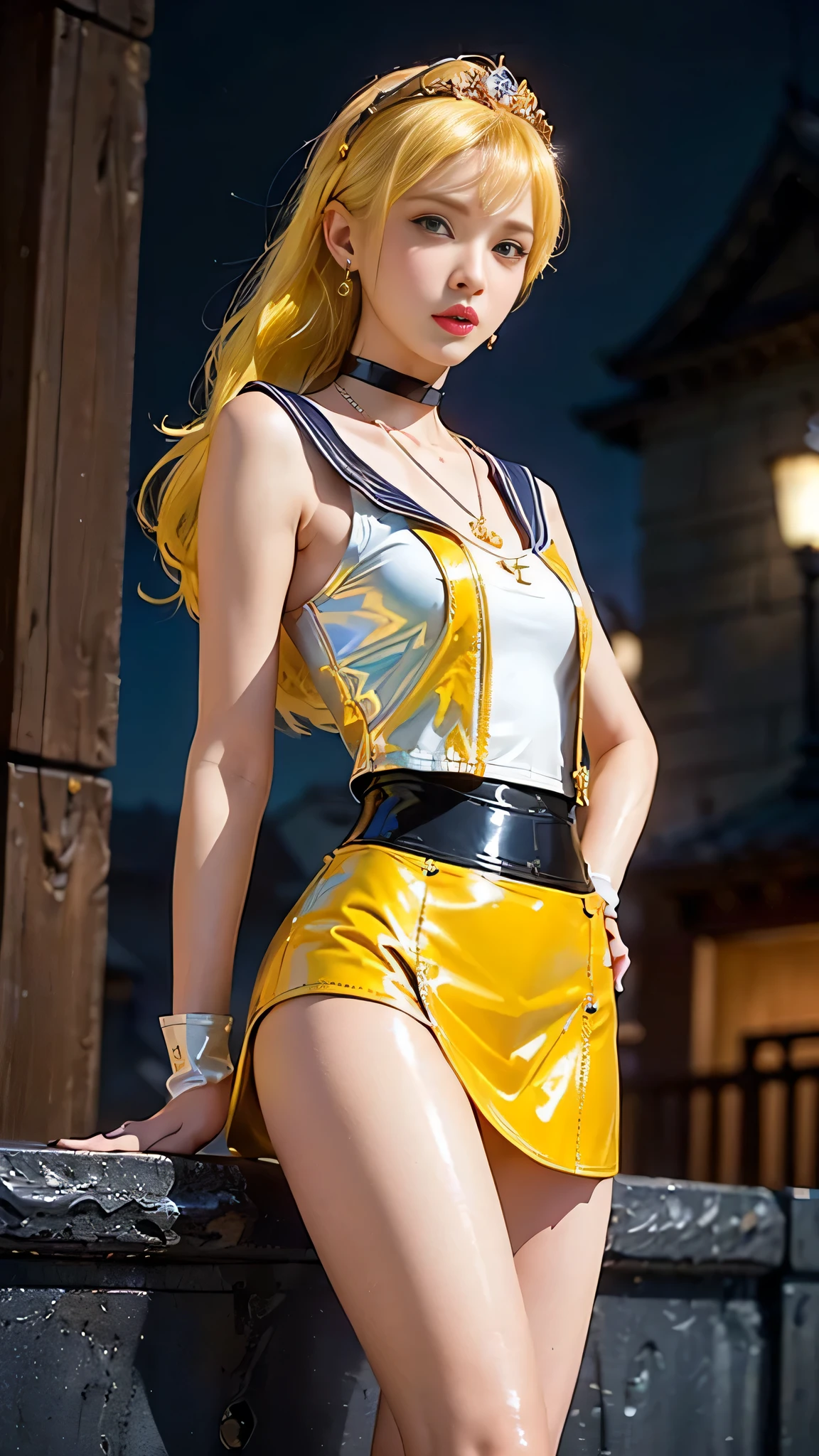 ((masterpiece:1.4)、(highest quality:1.4)、(realistic:1.7))、master piece:1.4、beautiful girl、(beautiful girl戦士セーラームーン:1.4)、moon野うさぎ、Body fit sexy sailor warrior uniform、(shiny latex)、(The jacket is a white sleeveless sailor uniform....)、(Skirt Blue Sexy Ultra Ultra Pleated Mini Skirt)、There are two thin blue lines on the collar of the sailor uniform................、high leg swimsuit、red cloth decoration on the chest、(wearing white gloves)、cute girl、Super beautiful、sharp focus、portrait photography、(perfect female body:1.4)、perfect proportions、(full body photography:1.4)、beautiful face、beautiful eyes、narrow waist、beautiful feet、(yellow hair:1.4)、(long hair:1.2)、beautiful breasts、big breasts:1.2、sexy butt、Raw photo、red lips、red high heels:1.4、choker:1.4、necklace:1.4、earrings:1.4、luxurious golden tiara:1.4、1 screen display、moon、universe、universe船、universeステーション、city of the future