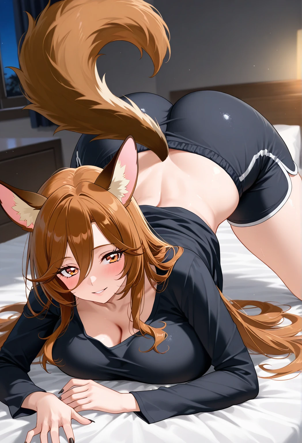 wolf girl, brown hair, yellow eyes, perky breasts, large butt, fluffy brown tail, brown wolf ears
