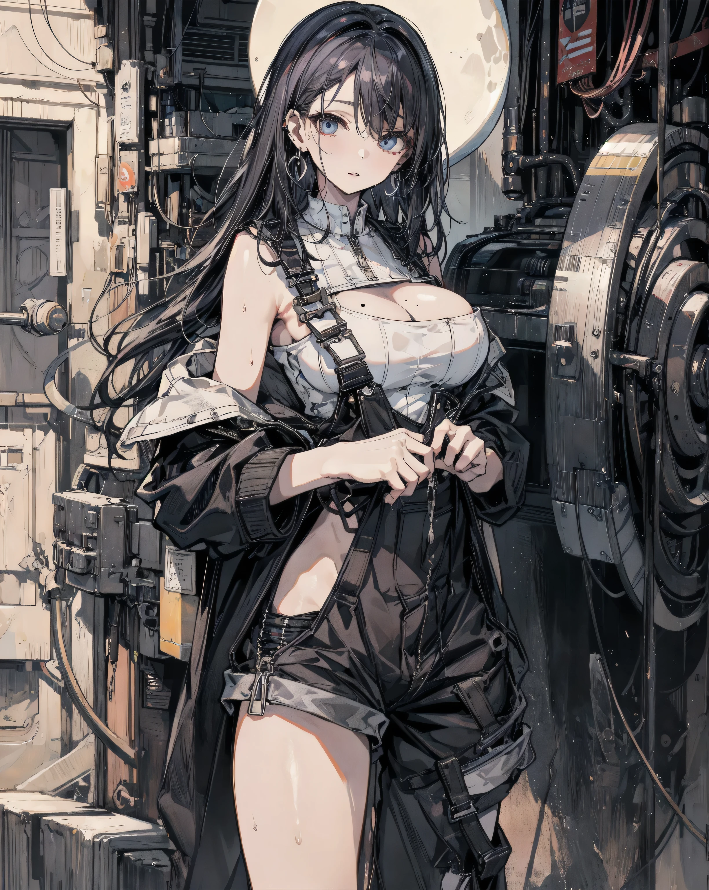 Watercolor、Being inside a spaceship、Large windows of spacecraft、Stars, planets and nebulae can be seen from the spaceship window、Girl looking out the window、Mecha、mechanical、Panorama、girl around 24 years old, Shorts、Ukiyo-e style background、Tiny tubes and pipes wriggle like tentacles.、No bra, nipples showing、Spacesuit