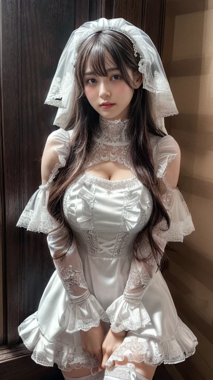(upper body:1.5), (black theme:1.5), ((black see-through wedding-veil):1.4), ((black latex corset, breast-cup):1.4), (short puff-sleeve:1.3), ((choker):1.3), ((ruffle-skirt):1.4), ((stockings, garter belt):1.3), (black rubber long gloves:1.5), , RAW photo, photorealistic:1.6, Quality:1.5, 8k, Masterpiece:1.3, ultra highres:1.0, Crisp Focus:1.2, Big breasts:1.3, Beautiful Woman with Perfect Figure, Highly Detailed Face and Skin Texture, Detailed Eyes, Double Eyelids, perfect face balance, silver hair, smile, beautiful studio soft light, rim light, vibrant details, hyper realistic, octane render, detailed beautiful skin, realistic skin, (in a beautiful church:1.2)