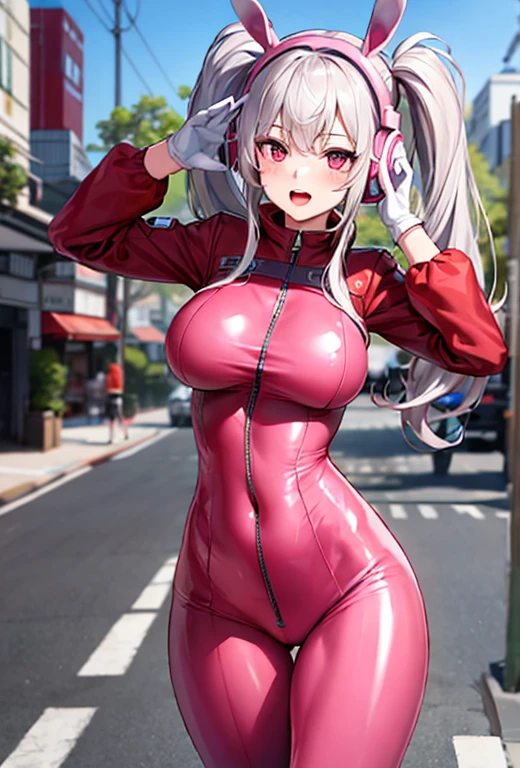 symmetrical,High detail RAW color photo professional close photograph, [:(highly detail face: 1.2):0.1], (PureErosFace_V1:0.6), pore, real human skin, a portrait of an 18yo woman in a street,detailed tokyo street,outdoor,cityscape, huge breasts, show with, animal ear headphones, animal ears, V sign, bangs, blush, bodysuit, breasts, bunny pose, clothes writing, covered navel, cowboy shot, cropped jacket, fake animal ears, gloves, hair intakes, headphones, impossible bodysuit, impossible clothes, jacket, large breasts, latex, latex bodysuit, long hair, long sleeves, looking at viewer, medium breasts, multicolored gloves, open mouth, pink bodysuit, pink eyes, red eyes, red jacket, shiny clothes, shrug \(clothing\), sidelocks, complex background, skin tight, smile, solo, thigh gap, thighs, twintails, very long hair, white gloves, white hair,alice \(nikke\),(masterpiece:1.4),(best quality:1.4),(shiny skin),realistic,