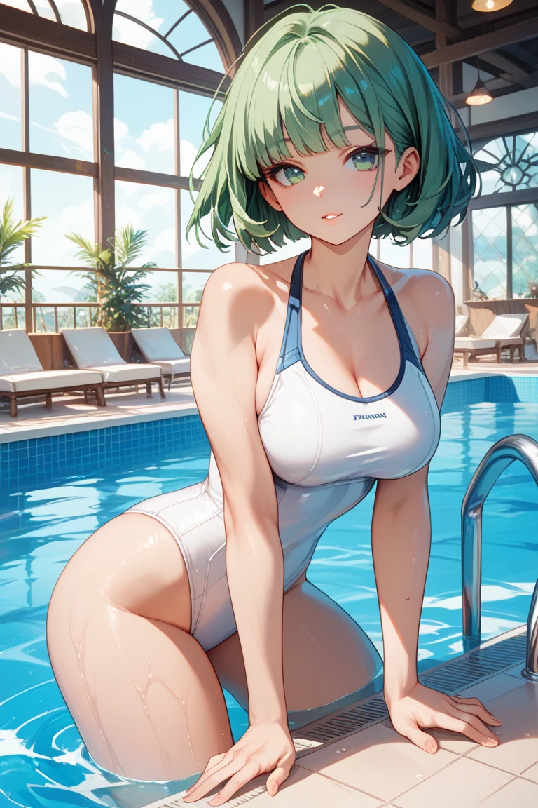 1girl, short green hair, green eyes, ((white bikini, standing, crossed arms, thighs focus, smug, in a pool, wet body)), curvy figure, overlooking city, blush, day
BREAK
(((Masterpiece))), ((Highly detailed character)), ((perfect eyes)), ((perfect face)), ((best quality)), ((perfect hands)), high resolution, highly detailed image, thick thighs
BREAK
Beautiful background, volumetric lighting,
