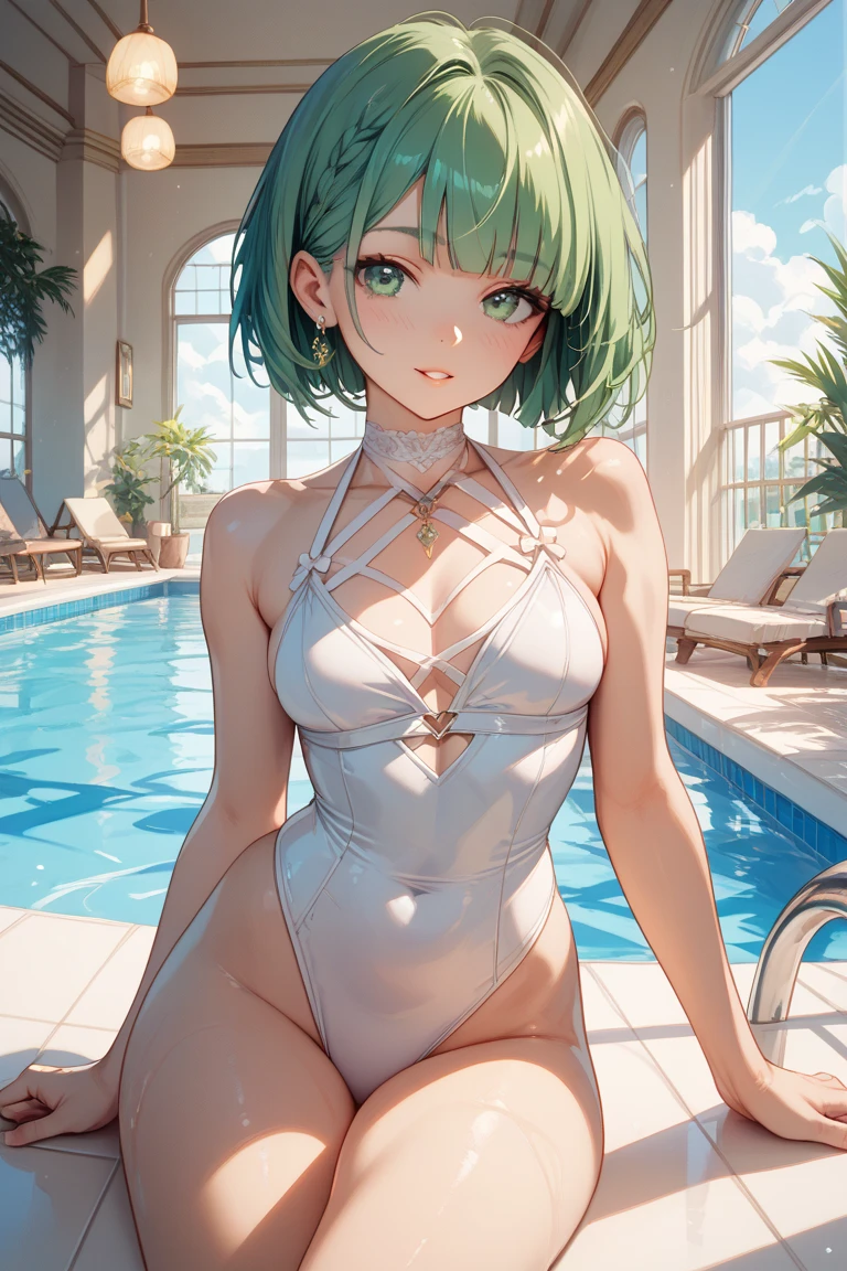 (Unity 16K Wallpaper, Masterpiece, Best Quality, Ultra-Detailed, Extremely Detailed CG, Caustics, Cinematic Lighting, Detailed, Beautiful Detailed Eyes, solo), Ultra High Resolution, fine skin、sexy,curby,gigantic breasts、smile,cowboy shot,tiny micro bikini、12 years old、sweaty、show the neck、swimming pool,green eyes、green hair,pixie cut,vulgarity,sitting