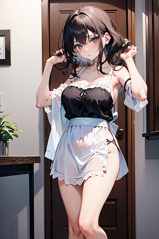 (masterpiece), Mature Woman,Maid clothes, Small breasts,High class clothing, Natural light, Realistic, Diffuse Light, Skinny, vapor, (Please lift your skirt), (urination), With a smile.garter belt,Enamel stockings,Long nipples,Areola,Light blue see-through bra, fellatio gesture