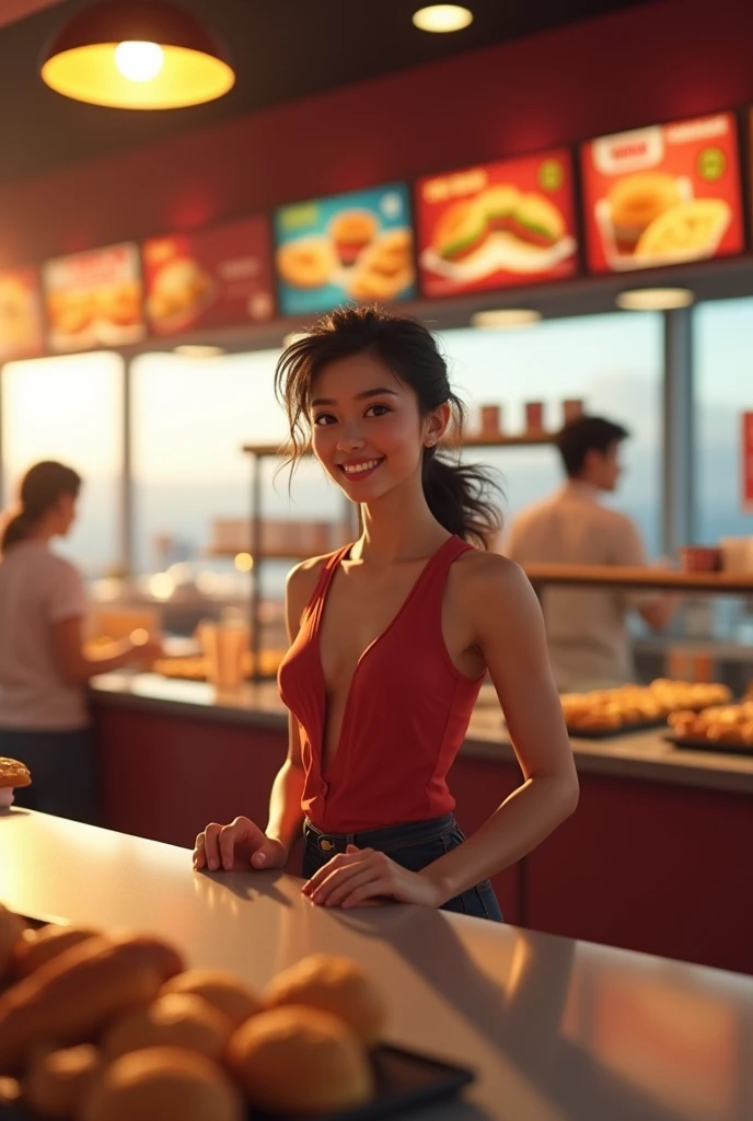 8K,Belle fille mixte, Long wavy hair, extremely detailed sexy, Light ssmile, beautiful detailed eyes, large ass, beautiful chest, ssmile, Sexy red tank top, red mini skirt, nuit, couleurs vives, Macdonald, Fast food, eat french fries, (best quality,4K,8K,high resolution,head of'artwork:1.2),ultra-detailed,(realistic,photorealistic,photo-realistic:1.37),portrait,scenery