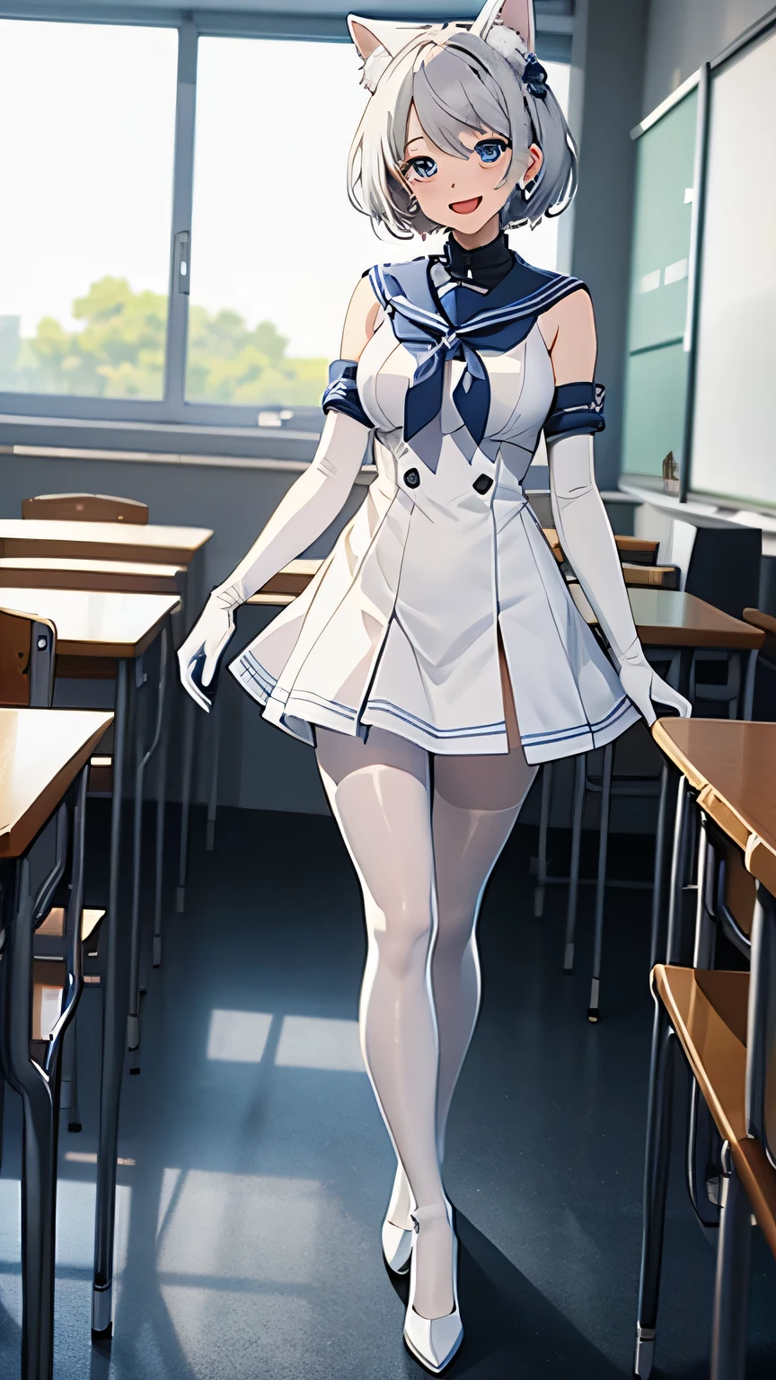 table top High level image quality best image quality 8K adult woman portrait white long gloves(elbow gloves) white pantyhose Sailor suit without sleeves(leotard) white wolf ears short hair((shortcut)(pure white hair)(perm)(fluffy)) eye color is blue attractive face((laughter)(smile)(open your mouth)) beautiful feet Are standing School