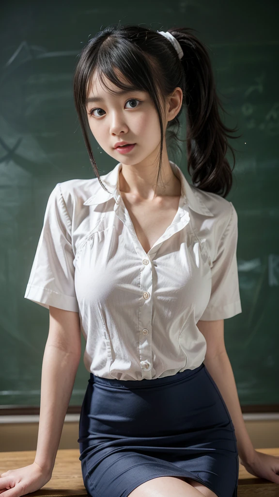 ((highest quality)), ((masterpiece)), (become familiar with), very accurate depiction、perfect face,  detailed face、 Beautiful eyes in every detail、realistic skin texture,　japanese woman、32 years old、she is a teacher and teaches in the classroom.、wavy short hair、Overbyte、half open mouth、long mouth corners、The whole body is photographed、very loose white blouse、No bra、nipple、black short skirt、No panties、pubic hair、wet skin:2.0、wet hair:2.0、looks embarrassed、Are standing、spread legs
