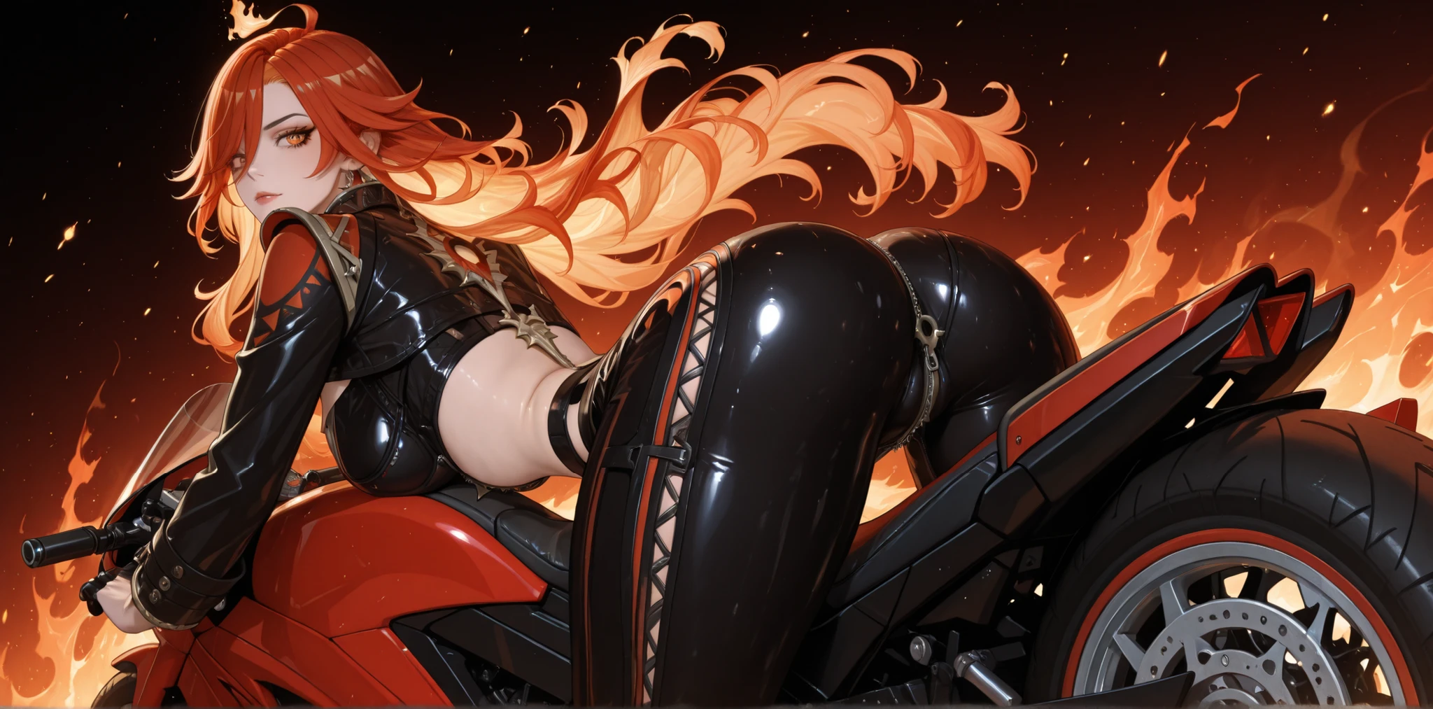 Mavuika, an imposing and sensual figure from *Genshin Impact*, dressed in a tight black leather outfit with flaming red details that highlight her curves. She exudes attitude and confidence, with long, fiery red hair and a sexy, confident gaze. Mounted with her butt raised atop her flaming motorcycle, stylized with flames and a futuristic design, she exudes an air of power, mystery, and pure seduction. Mavuika is a very beautiful, tall woman, slim with a small waist, wide hips, a plump butt, sexy natural breasts, east-west breasts, pointy breasts bulging from a sexy cleavage, with a wide-open zipper showing off enormous cleavage. She wears a jumpsuit with a long, skin-tight zipper, the outfit tucked into her butt and intimate areas, with swollen camel toe and voluminous breasts, and a hot butt sticking out on the motorcycle. The back zipper is open, exposing her butt crack—a very sexy, provocative image.