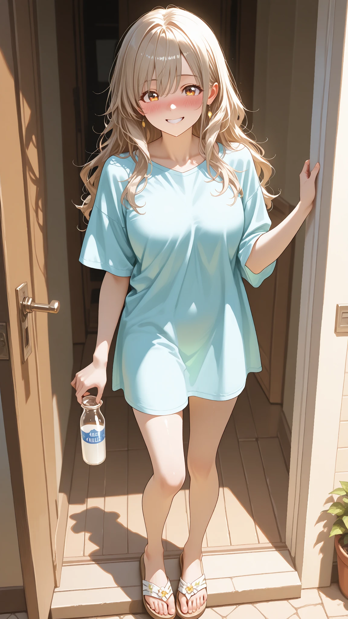 10 years old、cute woman、cute face、cute smile、10 years old 、light yellow hair、light blue eyes、full body shot、80mm、well-shaped chest、slightly larger breasts、lazy smile、wet t-shirt、mini skirt、medium long hair、dark brown hair、garden、Squirting、cherry blossoms、Because I&#39;m slender、Beautiful and slim legs、clear white skin、sit on top、