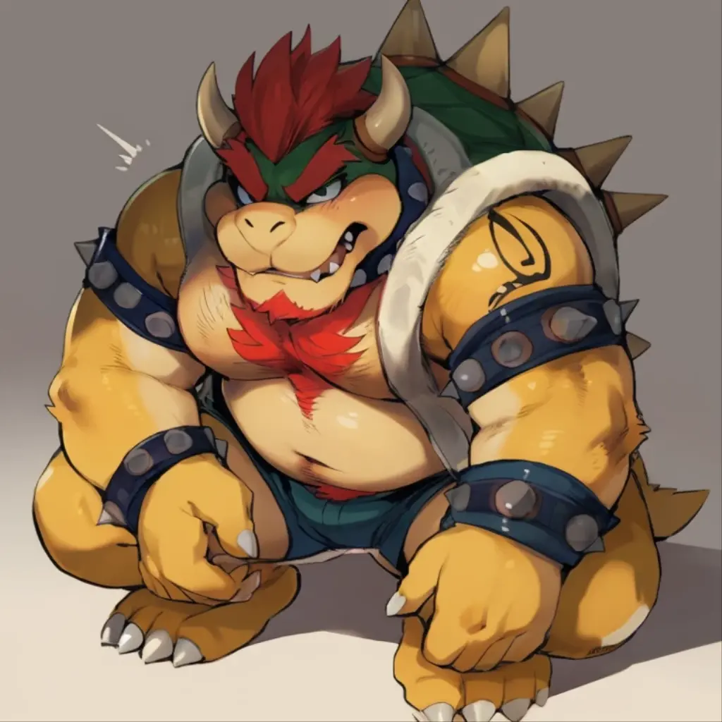 Bowser, gray beard, gray mustache, DILF, seductive, looking at the viewer, SMILE, white and blue plaid loose boxers, White shirt, open shirt, (posing) masculine, alone, the second, gordo, large size, Thick, cellular shading, standing, stopped, whole body, Aerial view, From above, with both hands towards holding the peruvian flag (Red and white colors), thick penis and big testicles