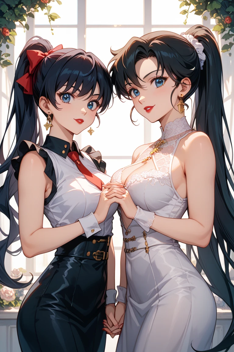 2 heads, 2 heads and three breasts, solo, close-up, pose, outside, double cleavage