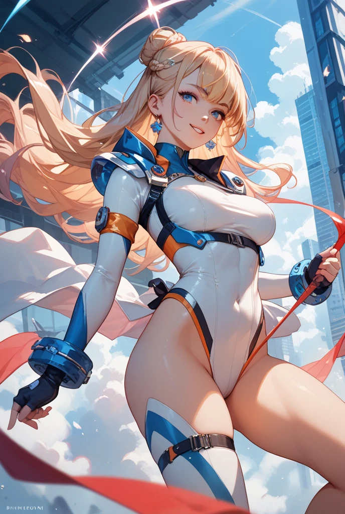 1girl, sky background, busty, cleavage cutout, boob window, large breasts, nsfw, cptMarvel, bodysuit, exposed midriff