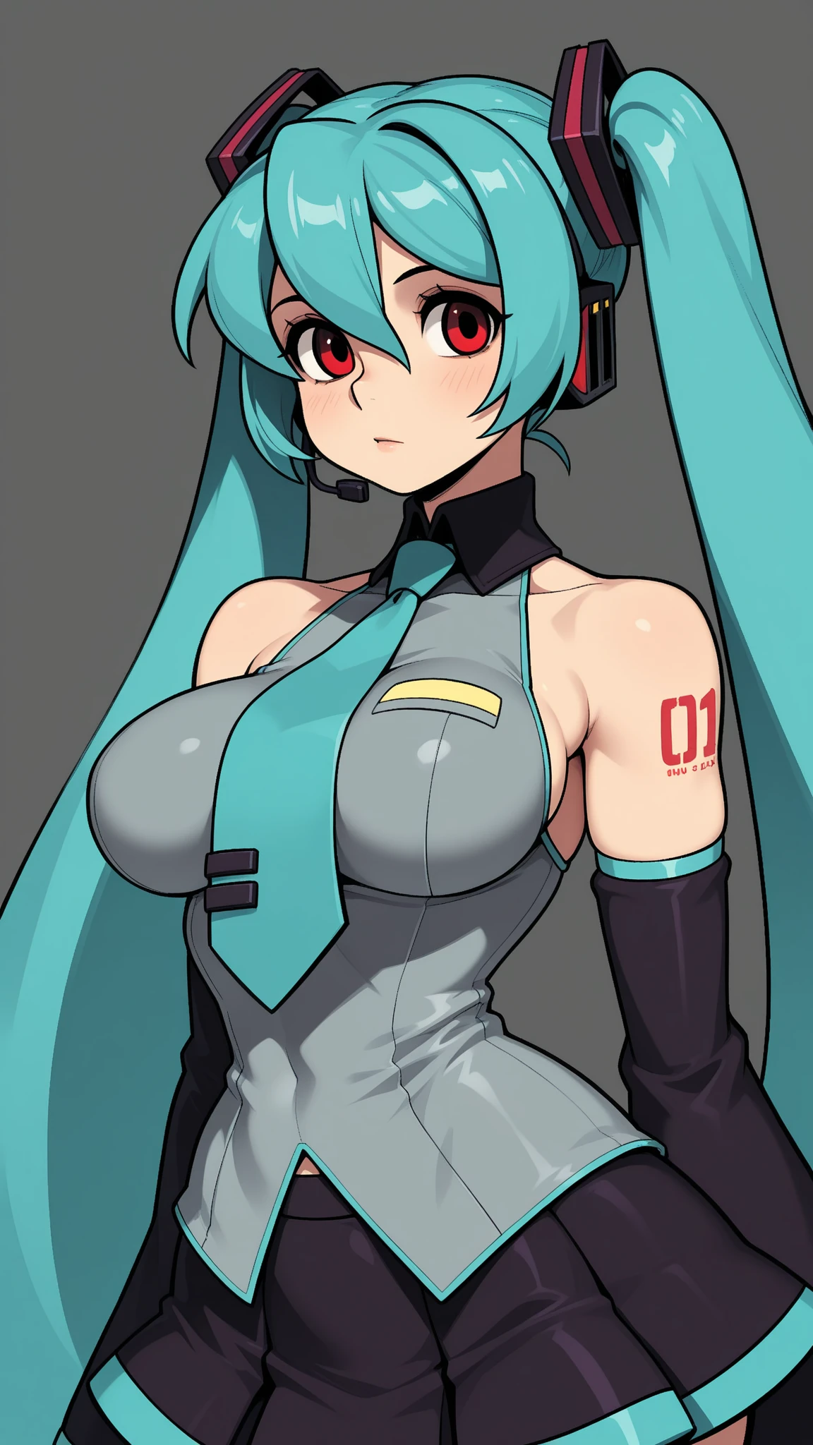 {{1 female},{{{{{Tabletop++, Highest quality++, Super detailed+, Ultra-high resolution,(Realistic:1.4)Cowboy Shot,Hatsune Miku, (VOCALOID)RAW Photos,(Hatsune Miku)+,(Hatsune Miku)+, (VOCALOID) Expressionless, Light blue hair, Red eyes ,clavicle, Twin tails, ((black doll suit girl 1.6)),so beautiful, Highest quality, Absurd, One Girl, Brainwashed,}}}} Hollow Eyes,(Eyes glow red :1.4)), ((Huge boobs：1.1))、(The shape of the genitals is clearly visible)) cyber punk, Dark Lab, Dark Room,(Neon Light:1.2), (night:1.5), (Stand up and raise your right arm in a salute, Place your left hand on your hip)
