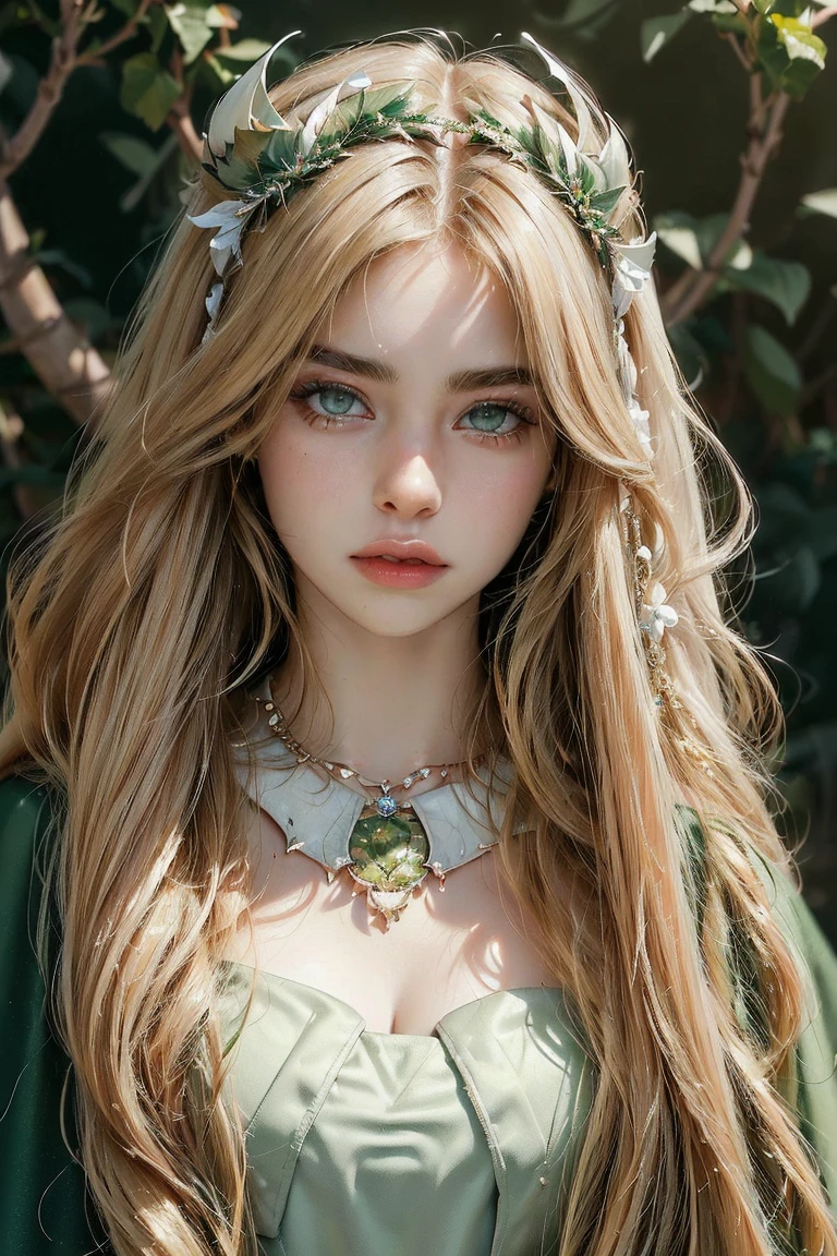 A striking ultra-realistic cinematic illustration featuring Eve, the first woman created by God, in the breathtaking Garden of Eden. Her golden hair flows seamlessly with the lush greenery, adorned with olive leaves. Eve's eyes, filled with curiosity and wonder, gaze intently at the camera. The scene is bathed in a warm, soft glow of orange and blue light, evoking an atmosphere of serene beauty. This captivating image, ideal for a biblical-themed film or exhibition, encapsulates the essence of paradise and makes for an enthralling poster., cinematic, photo, poster, illustration, ultra realistic image