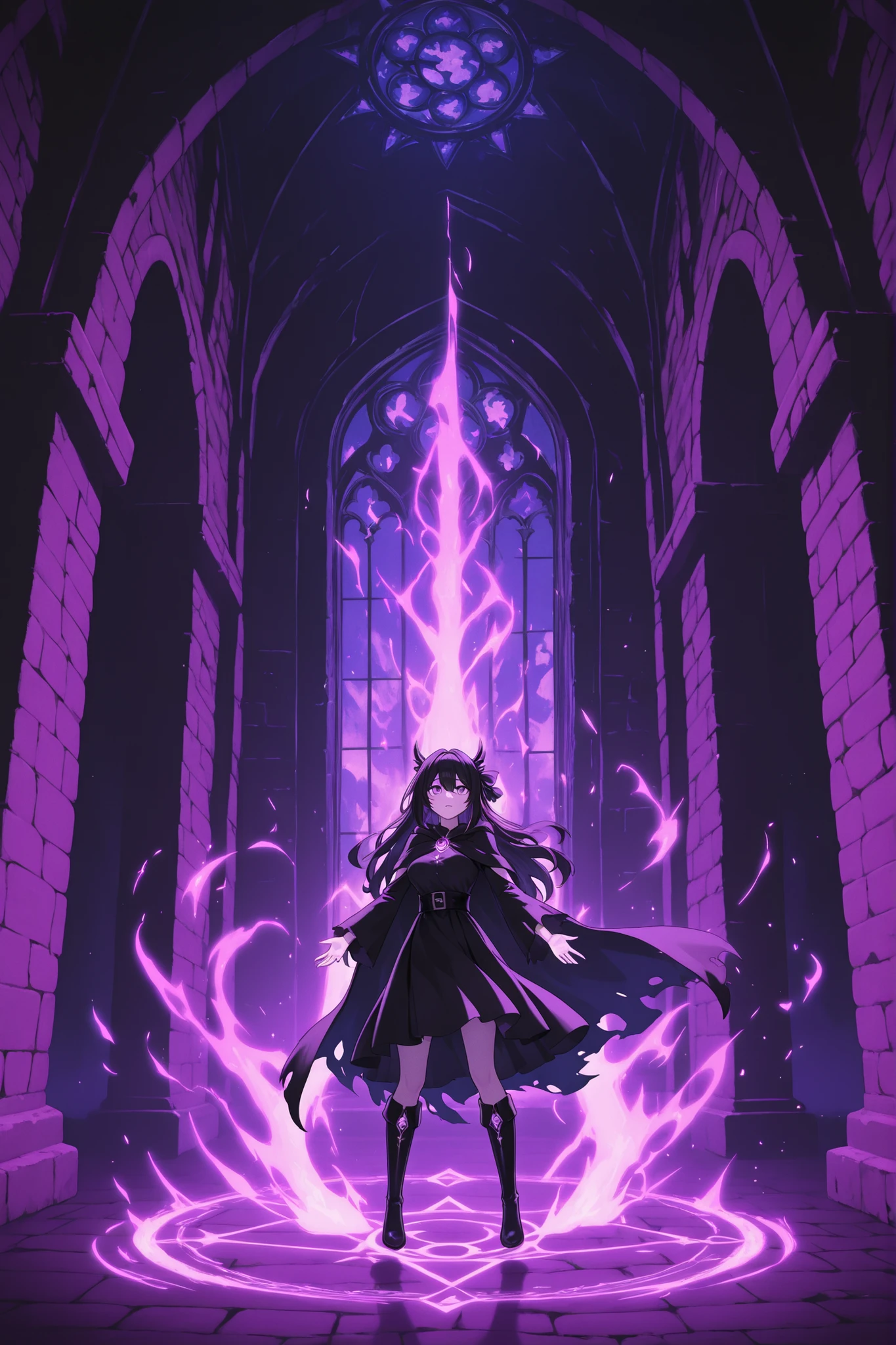 A female spellcaster casting a summoning spell on the floor, a demonic humanoid figure emerges from the center of the summoning circle, the theme is inside a ruined castle, magical effects revolved around the room, the scene is dramatic and focused on the spell