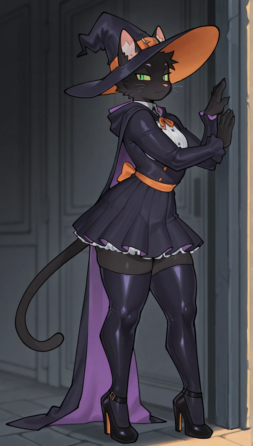 A  black cat is walking on a brick wall. 