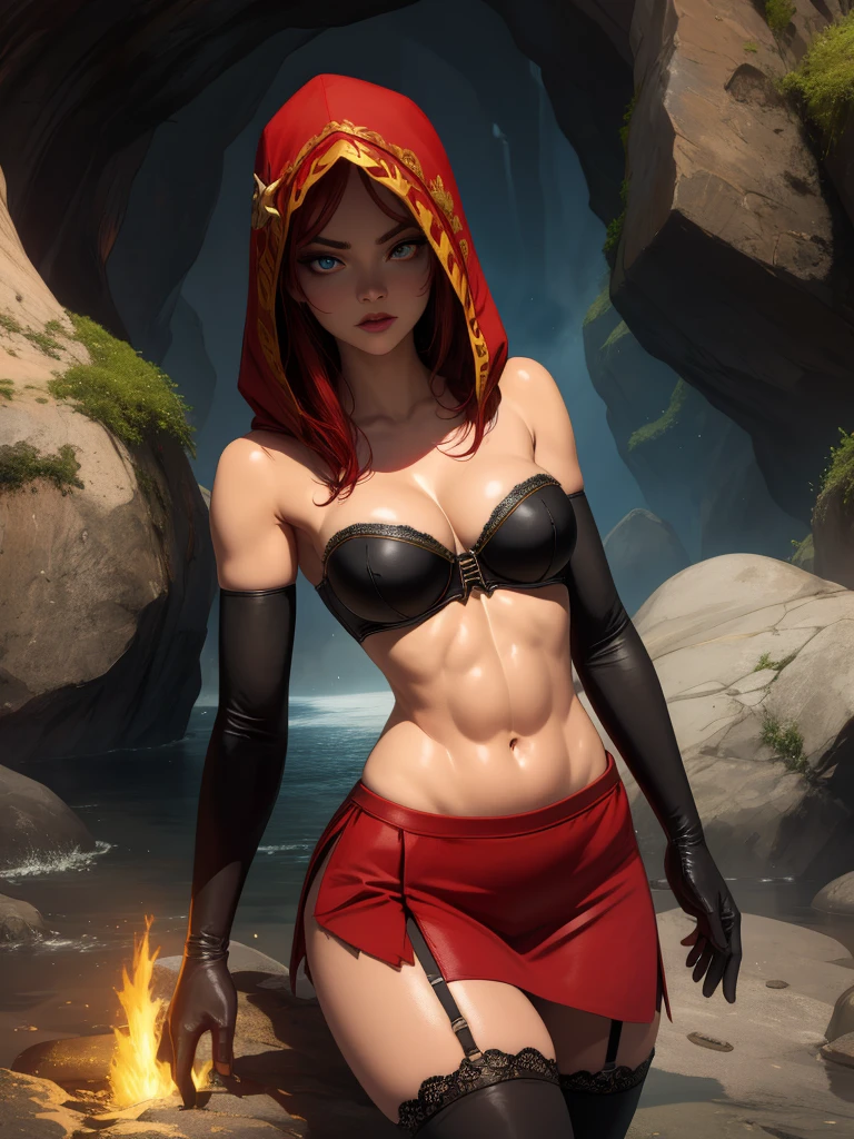 Dsorceress,solo,standing,shadowy face,dark cave,fire,
hood,shadowed face,strapless bra,skirt,black thighhighs,elbow gloves,
standing,upper body,
(insanely detailed, masterpiece, best quality) cinematic lighting,whipping,high kick