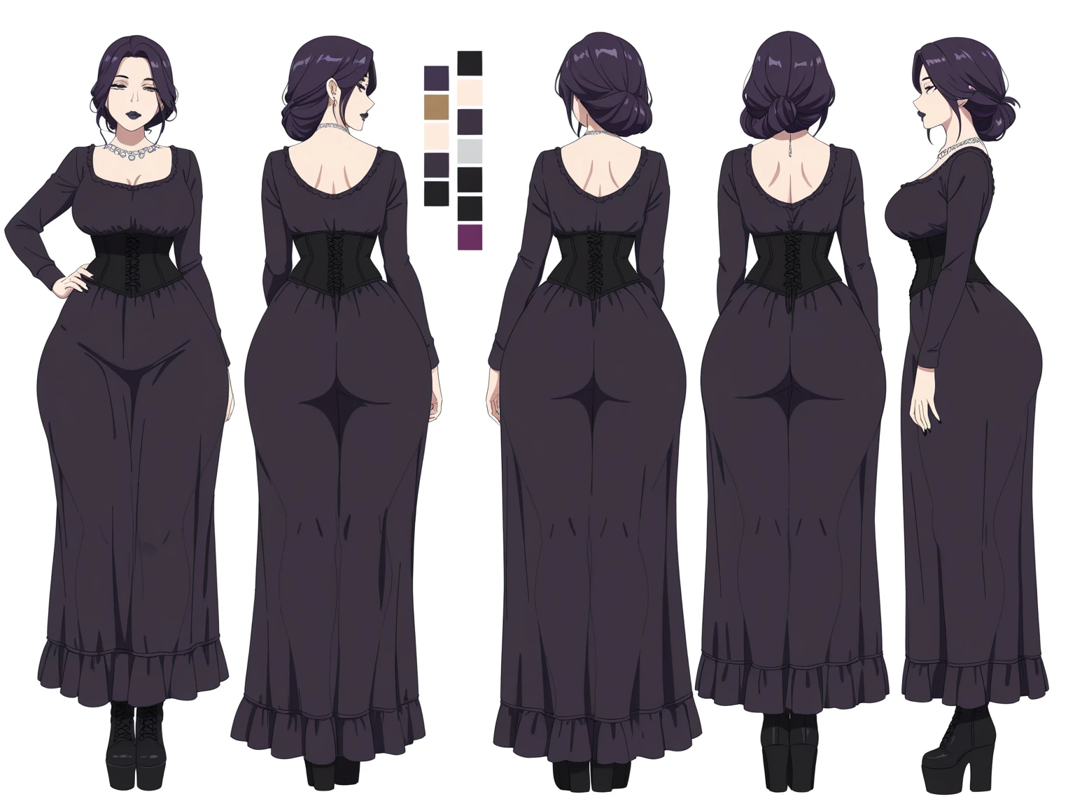 ((Highest quality)), ((masterpiece)), ((Realistic)) 19 years old, Black Hair Girl, Waist-length hair, Relaxed happy face ((thin)) (Big Breasts), ((( Prom Dresses))) (((mini skirt))) ((Sexy Dress)) ((( Under the skirt ))) (((White Thong))) Bun hairstyle, (((Detailed character sheet, Front view, Side view, 3/4 Views))) (((White Background))) Six and a half whole bodies