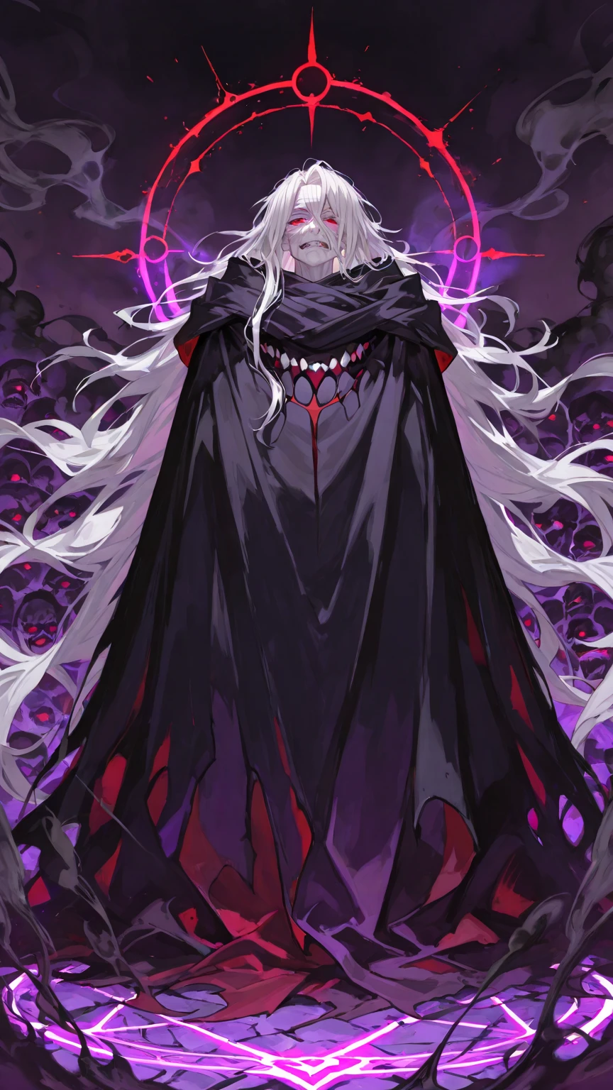 solo, 20 year old male, character fusion, nidhogg fused with odin and sun wukong, tall tanned man with wild unruly white hair, bangs on face, bangs on eyes, ((hair partially covering eyes)), black sclera on eyes, long voluminous hair, spiky hair, pointy ears, fit , open haori, turtleneck tanktop, manly jaw, dark crystal antlers, exhausted expression, khaenr'ah abyss, draconic person, calamity incarnate, full body