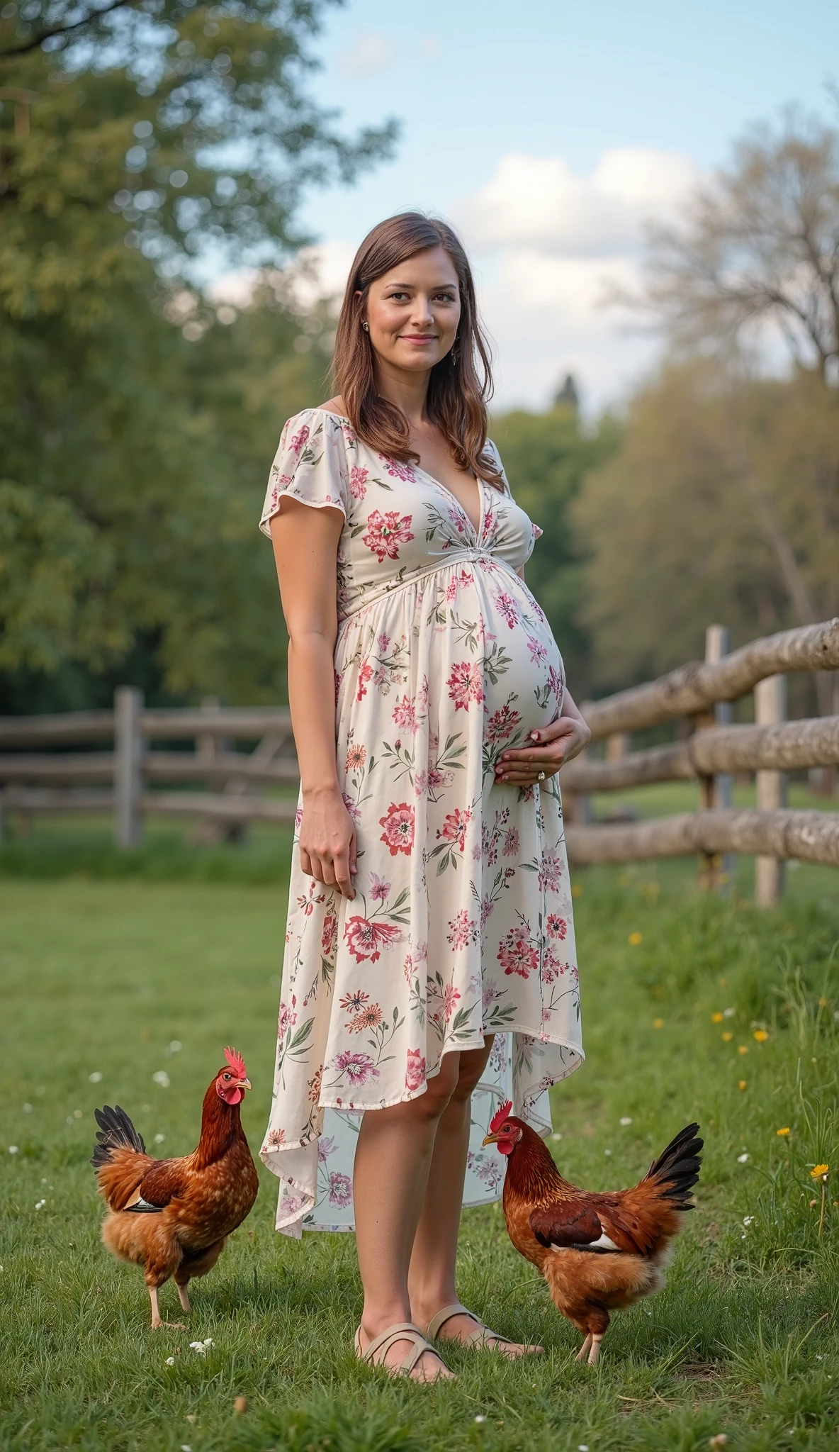 Margot Robbie pregnant, beautiful, wearing red dress, sexy, standing in flower field