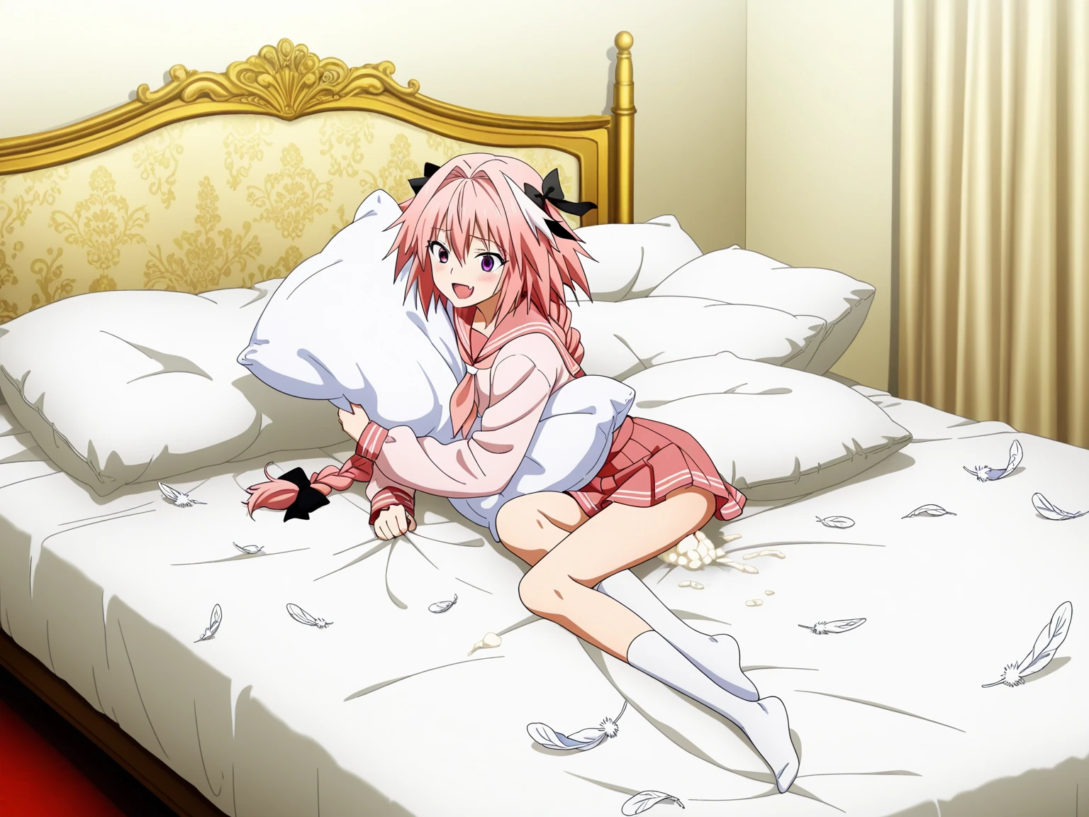 (best quality, masterpiece),mine , details), (Light and shadow oxtail , bed background, Cute girl posing on pillow ,Pillow,(piles of Pillow),Upholstered,((four poster bed)),Soft pillow quotation,Lots of Pillow,(Pillow),The love surrounding the protagonist,steam,Luxury Pillow),(luxury bed),(Gorgeous pattern pillow),luxurious pillow,(bedroom ),pillow humping,hump,open mouth,red eyes , kneeling,(Love around the protagonist),(Steaming hot),(pillow),Four poster bed,Canopy bed,Lots of pillow heads,princess bed , long hair , frilled pillow , ((pink pillow)) , big pillow , ((momo deviluke)), demon tail, hair flower, hair ornament, (purple eyes:1.1), pink hair, short hair,