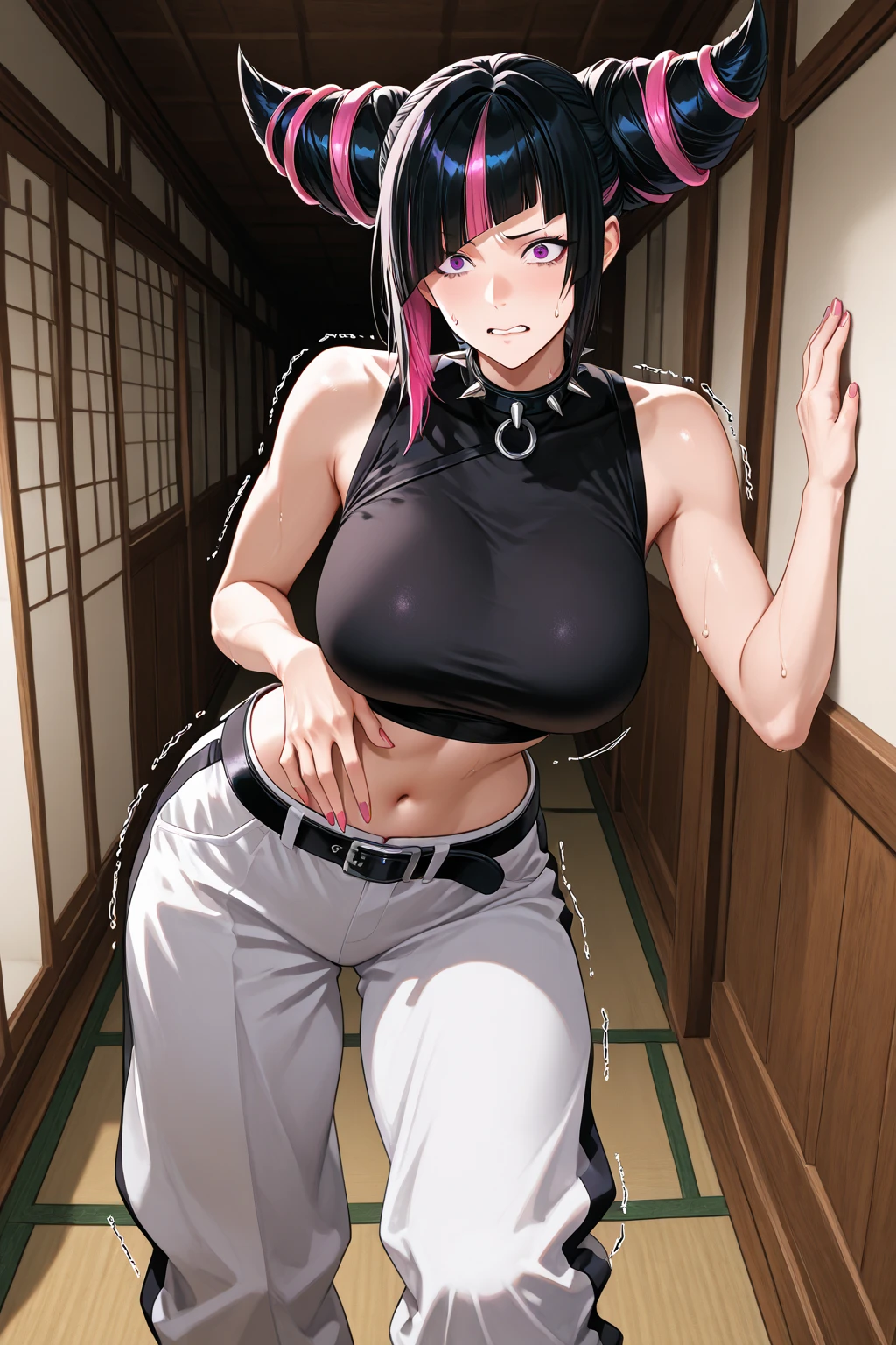 Hiding her breast with her hands,no bra, short jeans,sexy,big
