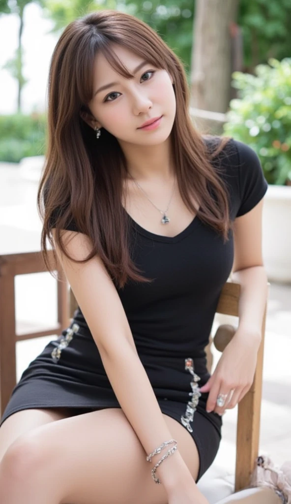 Japanese、woman、A randomly generated person with diverse facial features hairstyle、Perfect Anatomy,街中を歩くスタイリッシュなwoman、She wears a micro mini skirt、Wearing fishnet tights、Above the knee shot