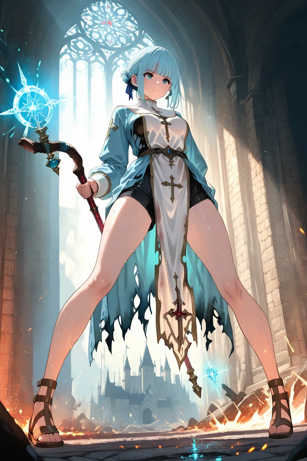 masterpiece, Highest quality, Highest quality, High resolution, concentrated、You can see the top and bottom of your underwear(Pink underwear)、Open chest、The crotch is open、Battle Scenes、A warrior girl fighting many goblins face to face(hold magic wand)(Shoot fire magic)(Desperate look)(Horizontal)(White Hair)(Blue clothes)(Cape)(choker)(belt)｛Heart Necklace｝(Thigh knee-high socks)(Tear bags)(Earrings)(boots)(Clothes get a little torn)、Fighting Goblins、Full body angle、Side view、Drops of sweat fly、Inside the Earth Ruins、Speed、