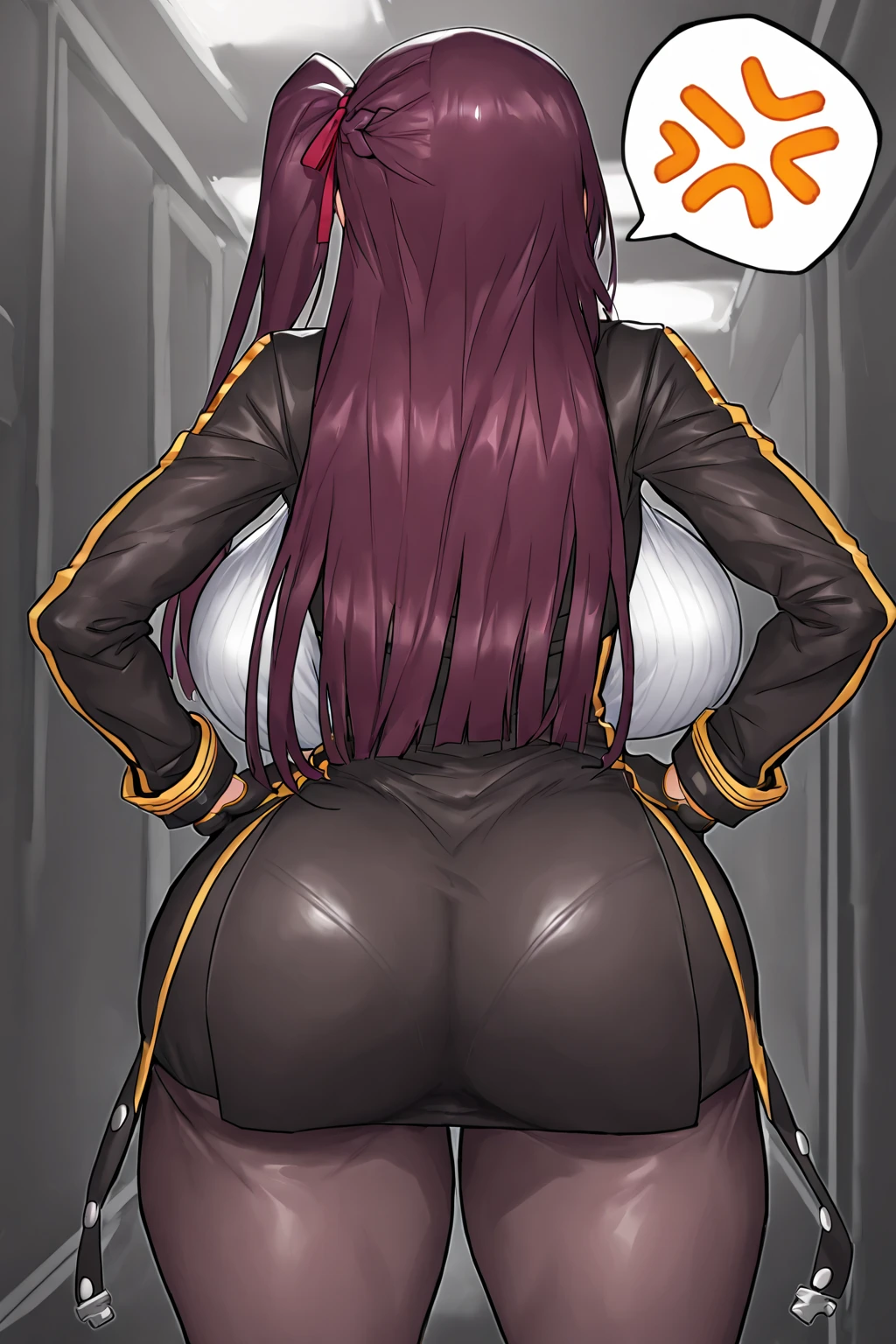 masterpiece, best quality, highres, hmrei, long hair, red jacket, collared shirt, yellow shirt, sleeveless, belt, black shorts, black thighhighs, standing, from above, smile, street,thigh black thighhighs, large breasts, smiling embarrassed ,big tits, show tits, visible tits:1.6, open shirt, open clothes,show tits, nipples,(( show nipples:1.5)),((show tits:1.5))