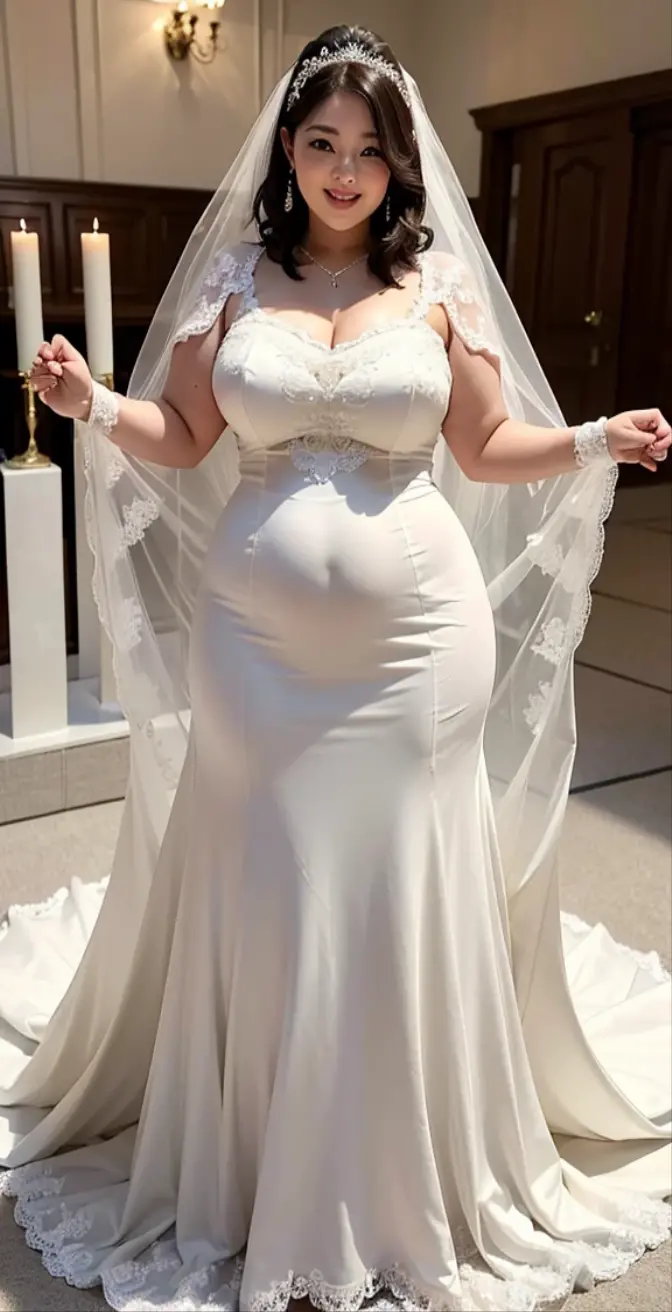(8k, ultra-high resolution, highest quality, masterpiece:1.2), ultra-realistic, (realistic, photorealistic:1.37), (realistic skin:1.2), ultra-detailed, Canon EOS RP, 8k, Korean mature woman, smiling, (super obese:1.3), (((super curvy,))) ((super voluptuous,)) adult model, standing still, ((full body shot)), thick ankles, (short hair), (wedding dress:1.5), (wedding venue), (wedding ceremony),
