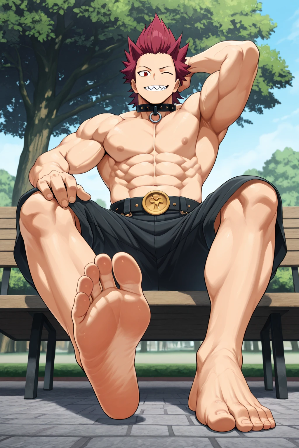 horikoshi kouhei, absurdres, Eijiro Kirishima, red hair, boku no hero academia, chama kou, highres, looking away, male focus, muscular, red eyes, short hair, spiked hair, 8k quality, beach, (Eijiro Kirishima, detailed eyes, detailed face, (((full body))), visible foot, barefoot, (((Extra large up penis semen dripping))), (((nude))), (((flexing))), (((standing on the ground))), red hair, red eyes, ((light smile)), looking at viewer, embarrassed, blush, showing off muscles, masterpiece, best quality, male focus, upper body, handsome, hot, male, gay, smooth and sharp focus, Wet body.
