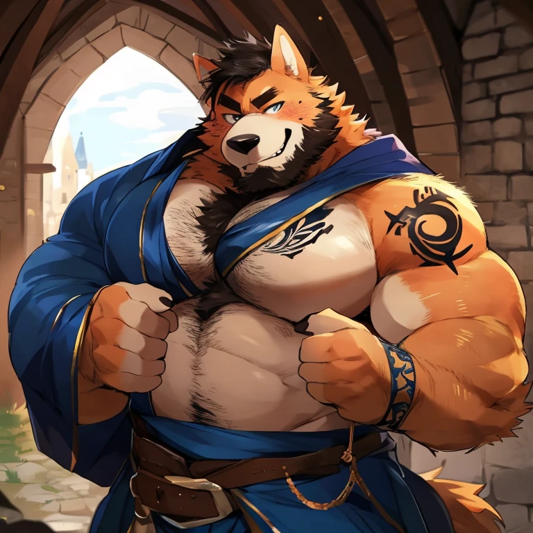 Medium muscular and chubby, white wolf, shirtless, in black loincloth, black gladiator shoulder cape, yellow eyes, blonde mane, white fur, By mystikfox61, pink nose, pink nipples, navel, gladiator jewelry