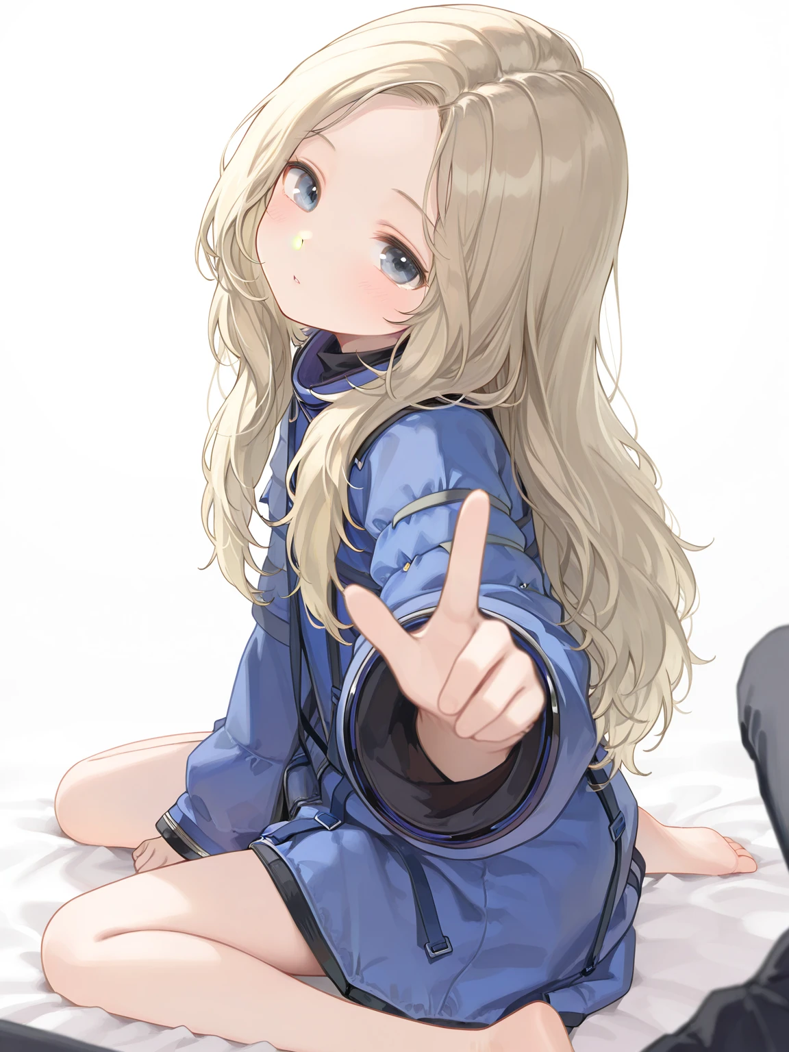 (masterpiece, best quality, good quality), side view, illustration, lovely girl, 1girl, very awa, xdianax, blonde hair, blue eyes, barefoot, (plain white background), (loli), little girl, leaning foward, foreshortening, looking at viewer, head tilt, depth of field, pov, from above, sit, sitting, wariza, w-sitting 