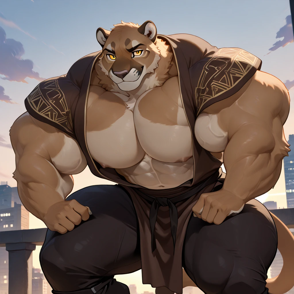 nj5furry, (a cougar, Shirt, ripped muscles, Topless)), Cream brown fur, ((full body)) male, kemono, ((Extremely realistic shadows, Masterpiece, extremely detailed, photorealistic), ((a cougar), strong, mature male, bodybuilding posture, carefree expression, mischievous smile, detailed face, handsome, huge, muscular body, bulge pectorals, muscular abs, narrow waist, cream brown fur, (short hair), red nose, red eyes, brown Jedi-style baggy pants dark, crotch bulge, Ruins of a Jedi temple with ancient stone statues in a rocky desert with an oasis in the distance.