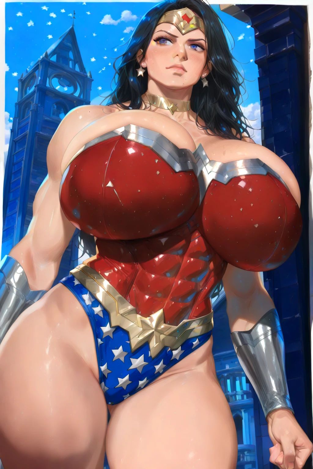 tmasterpiece, best qualtiy, photorealestic, photore, photorealisti, ultra - detailed, Perfect body, Detailed eyes, beuaty girl, wonder women, roleplaying, 1female,aged 40,Huge breasts,Pornographic exposure, 独奏,(Background with:jetty), She has long flowing hair, standing on your feet,Sweat profusely,drenched all over the body,,blue color eyes,frontage,Blue straight hair, curlies,mostly cloudy sky,Wonder Woman uniform(((tmasterpiece),(Very detailed CG unity 8K wallpaper),best qualtiy,cinmatic lighting,detailed back ground,beatiful detailed eyes,Bright pupils,(Very fine and beautiful),(Beautiful and detailed eye description),ultra - detailed,tmasterpiece,)),facing at camera,A high resolution,ultra - detailed),熟妇,mature,revealing breasts,facing at camera,Flushed complexion,Orgasmic face,Pornographic exposure,Protruding underparts,Camel toes,with no underpants,legs are open,frontage,Beautiful sexy full body photo in mini skirt and sewn stockings,((独奏)),At the pier,high-heels,Craving sexual,