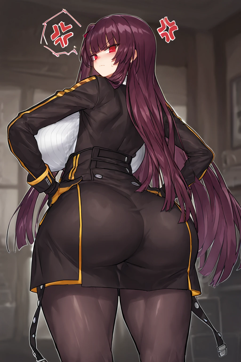 One Girl,Precise five fingers,{Knee-high socks}、(((Wide Hips)))、 (((plump and thick thighs)))、((Big Ass))、(Big Breasts) Embarrassed look,whole body、Long Hair、Sexy pose,Black footwear、Black Hair、blonde、Short skirt、