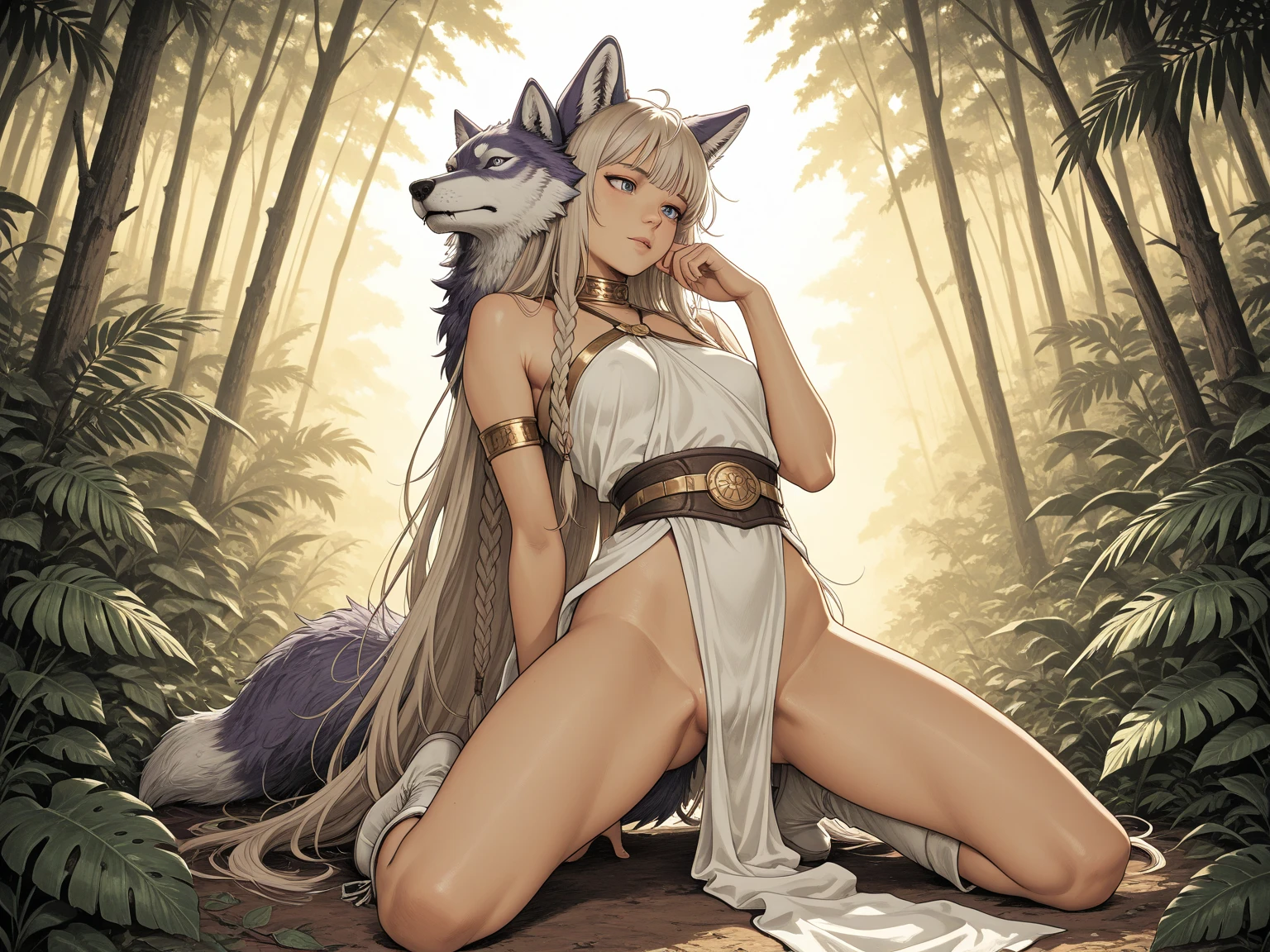1girl, multiple colored hairs, smile, leaning forward, outside, posing, background, ponytail, (view from behind), 9 years old, (tomboy), slender, pert ass, high details, sharp detailed face, detailed eyes, young, long and wild hair, long hair, tattoo, tanned, cave, forest, very small breasts, fur, revealing outfit, ikuchan, pert ass, asscheeks, tribal tattoos, hot breath, moaning, open mouth, ((motion lines)), dimmed lighting, panting, sweating , outdoors, forest, sweat, teeth, girl with wolf ears and wolf tail, wild girl, animal girl, fangs, ((wolf girl)), (motion lines), nipples, gray hair, (wolf girl), hip sway, the girl is in heat, girl wants sex, muscular male wolf anthro, duo, furry, duo, father fucks daughter,
